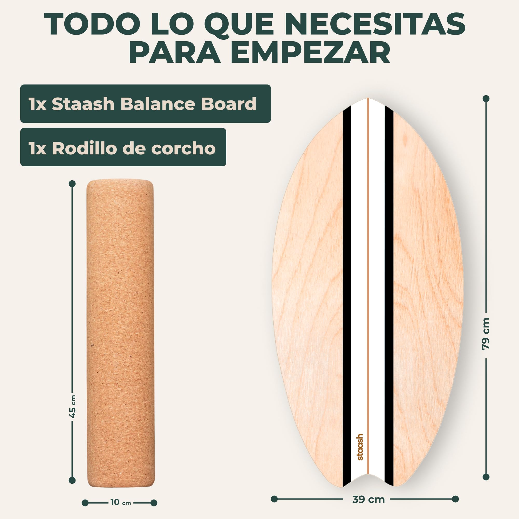 STAASH Balance Board – Tabla de Equilibrio Principiante, Rodillo y Pelota | Kit 3 piezas: tabla de equilibrio de madera antideslizante, rodillo y pelota · ideal para empezar · yoga, fitness, surf