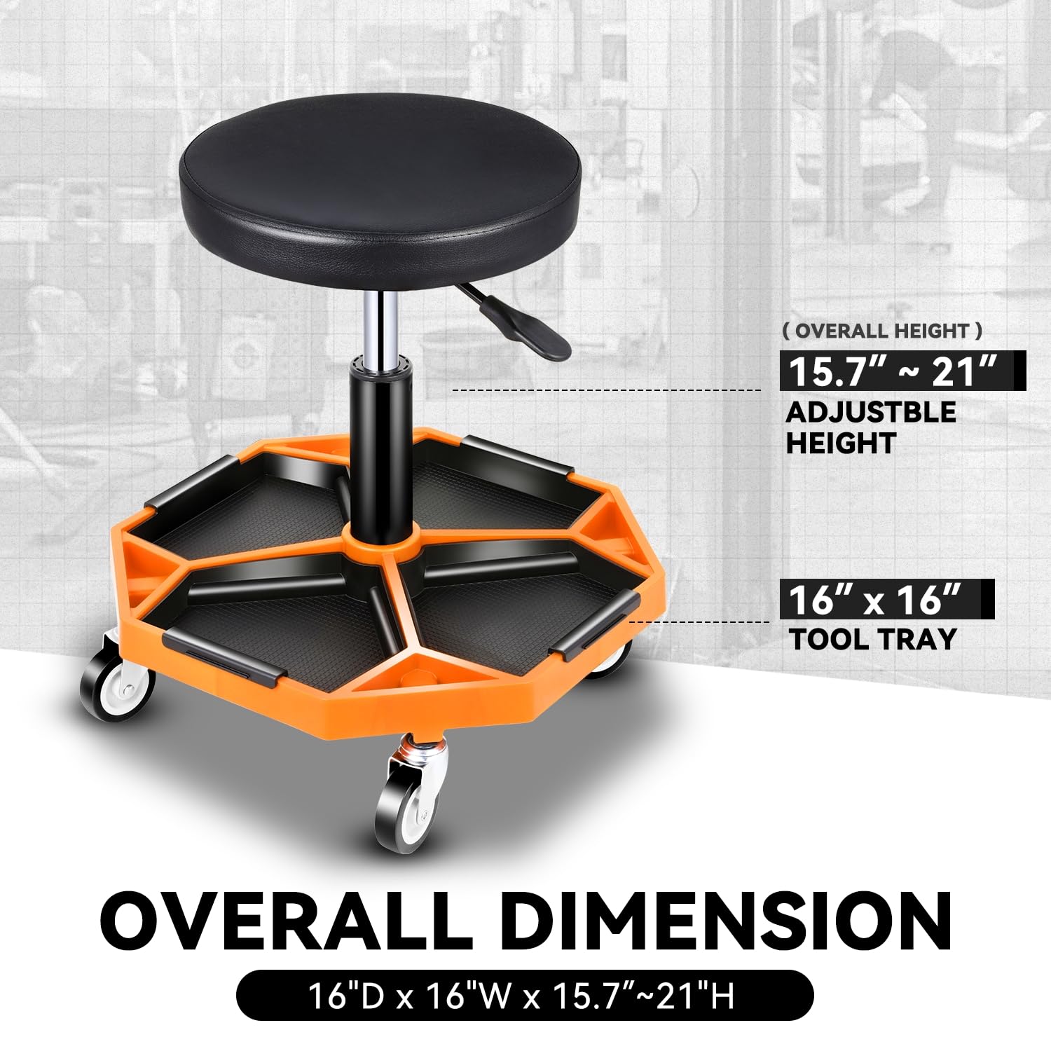 Auto Dynasty Taburete mecánico, asiento neumático ajustable con bandeja de herramientas, asiento de rodillo de 300 libras para reparación de automóviles de taller, altura ajustable de 15.7 a 21