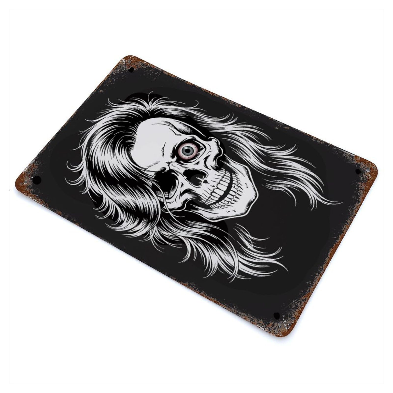 Rust Effect Skull with Hair And One Eye Vintage Rust Metal Sign 11.8"x7.9", Classic Wall Plaque for Shed, Workshop And Garage Wall Decor