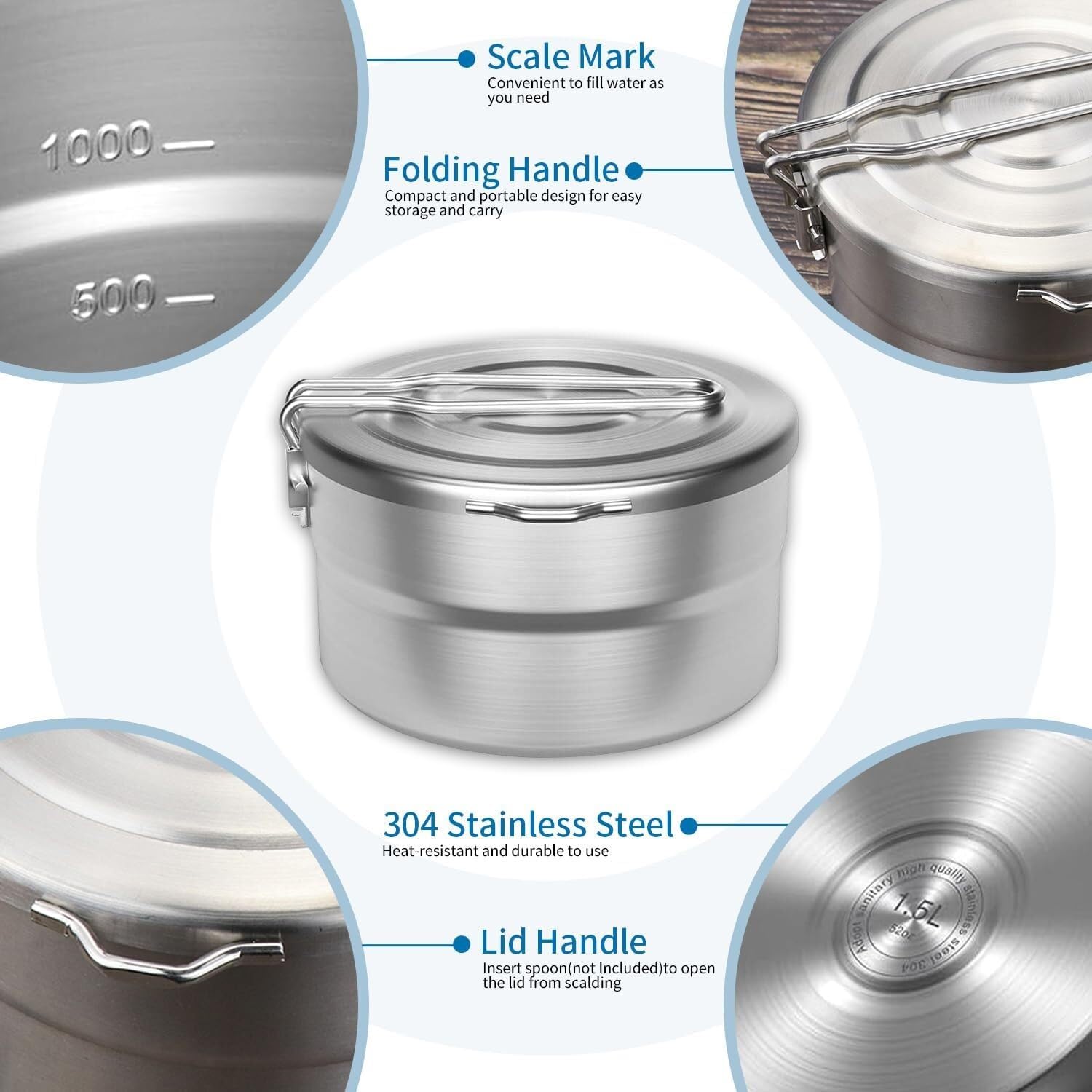 Camping Kitchen Utensil Outdoor 304 Stainless Steel Lunch Box Camping Pot Convenient Folding Handle Picnic Cooking Pot for Outdoor Cooking