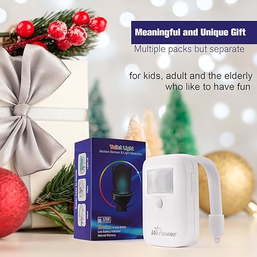 Miniatura 6 de Paquete de 2 luces de noche recargables para inodoro, 16 colores con detección de movimiento, luz para cuenco de baño, novedosa y divertida