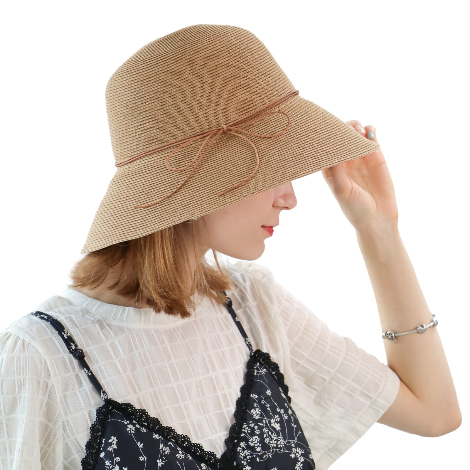 NAMANANA Women's Sun Hats Wide Brim Straw Hat Summer Beach Hat Foldable Packable Cap for Travel Sun Hats for Women Straw Sun Hats for Women Brown, Brown, M