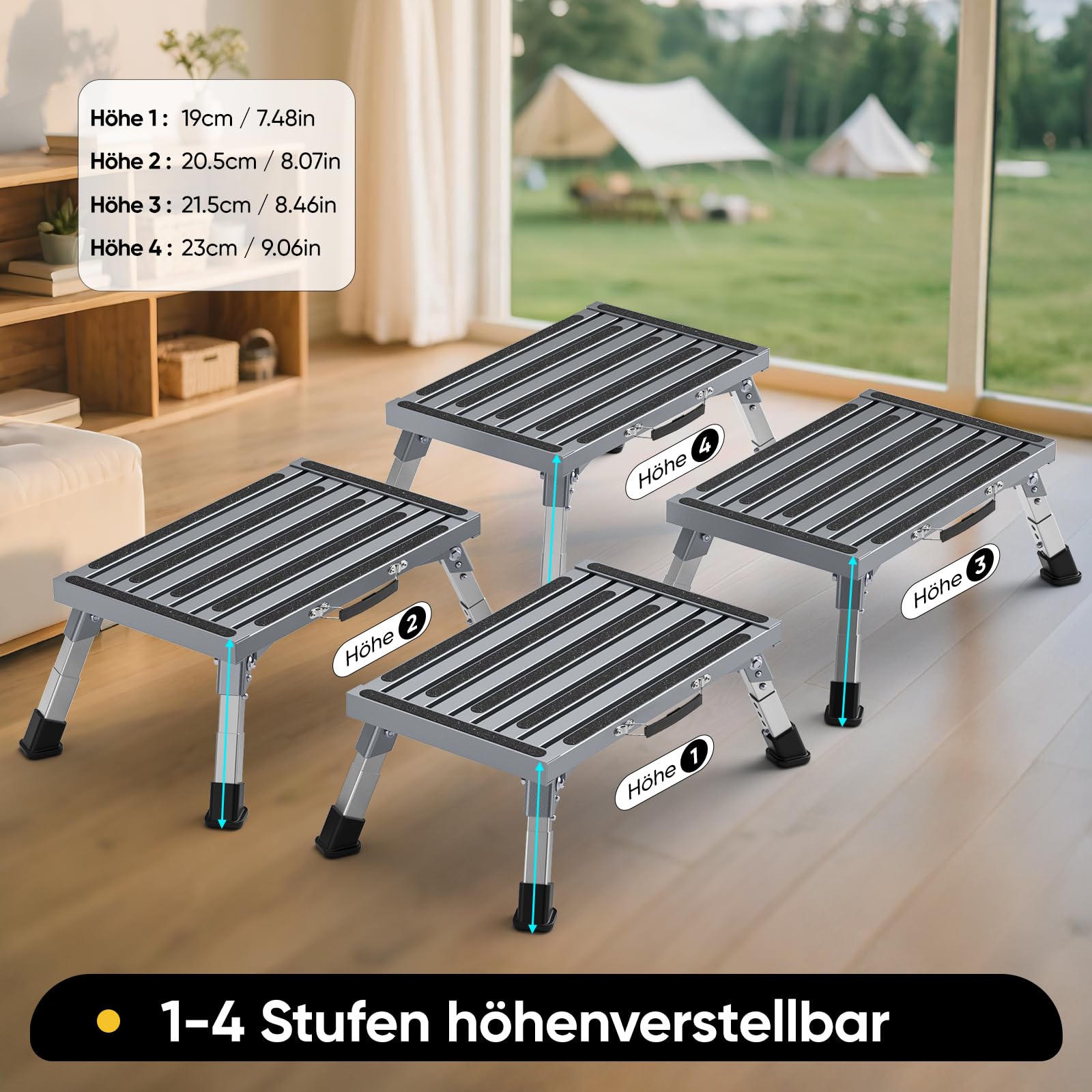 Klapptritt Trittstufe mit Griff, 4-stufige Höhenverstellbarer Tritthocker, 350kg Belastung und Anti-Rutsch, für Wohnmobile, Garten, Camping