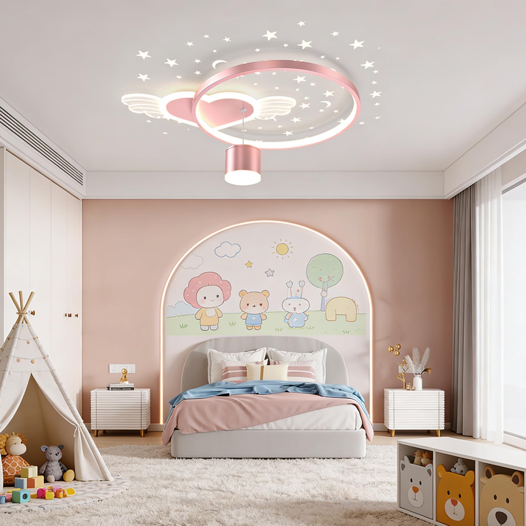LED-Dachstoffleuchte 45W Angel Wing Heart Form Moderne Kronleuchter Unbegrenzte Dimmung 3000K-6500K Mit Fernbedienung Rosa Licht Für Schlafzimmer Restaurant Kinderzimmer