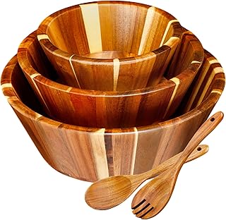 Yunlly Wooden Salad Bowl Set of 5 - Large Fruit Mixing Bowls with Salad Servers Utensils for Serving Dining Accessory - Handmade - Acacia Wood - Large 12", Medium 10", Small 8"(Round Design)