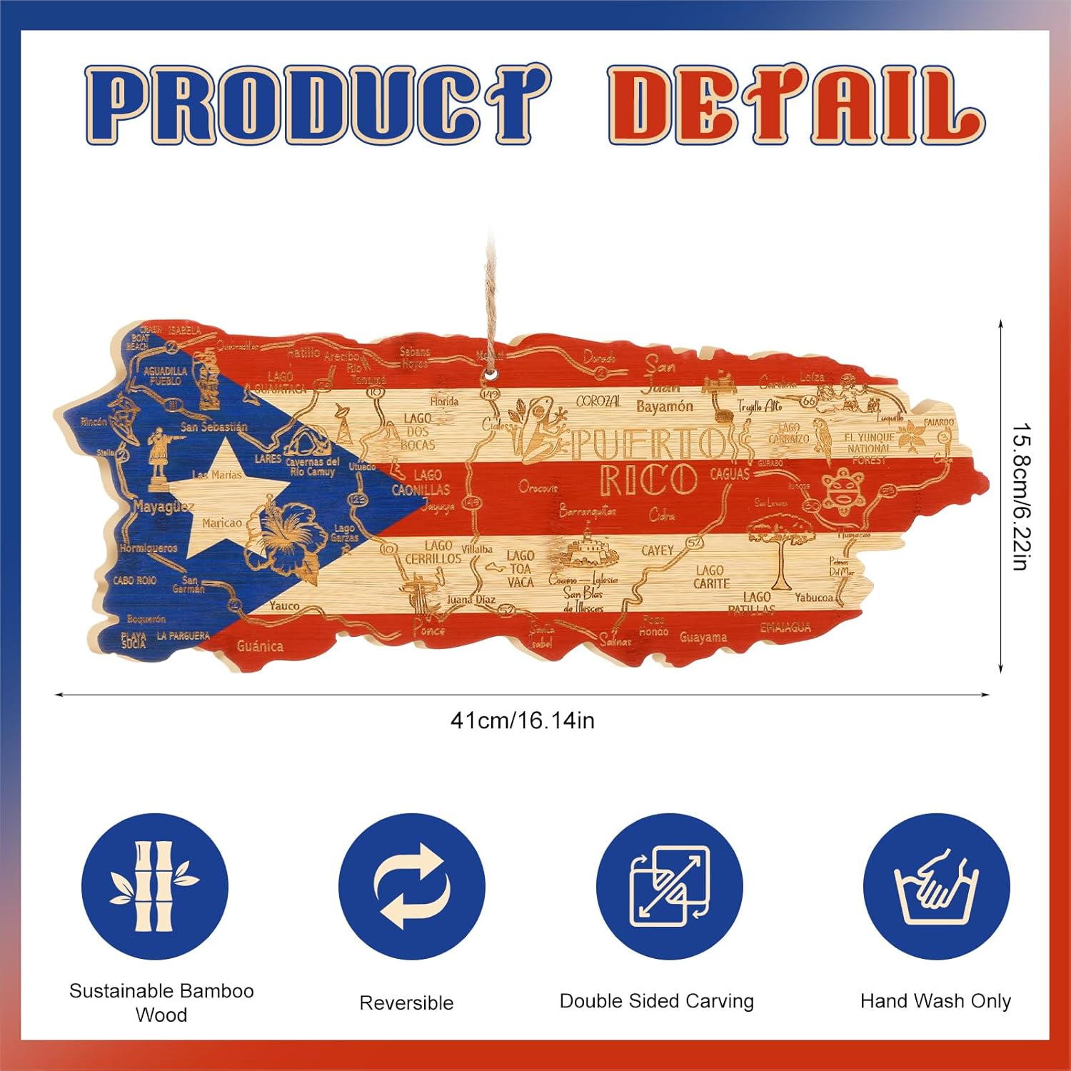 16" x 6" Puerto Rico Party Decoration Cutting Board Wooden Bamboo Puerto Rico Flag Destination Charcuterie and Serving Board with Hang Tie Pr State Heritage Gift for Kitchen Housewarming