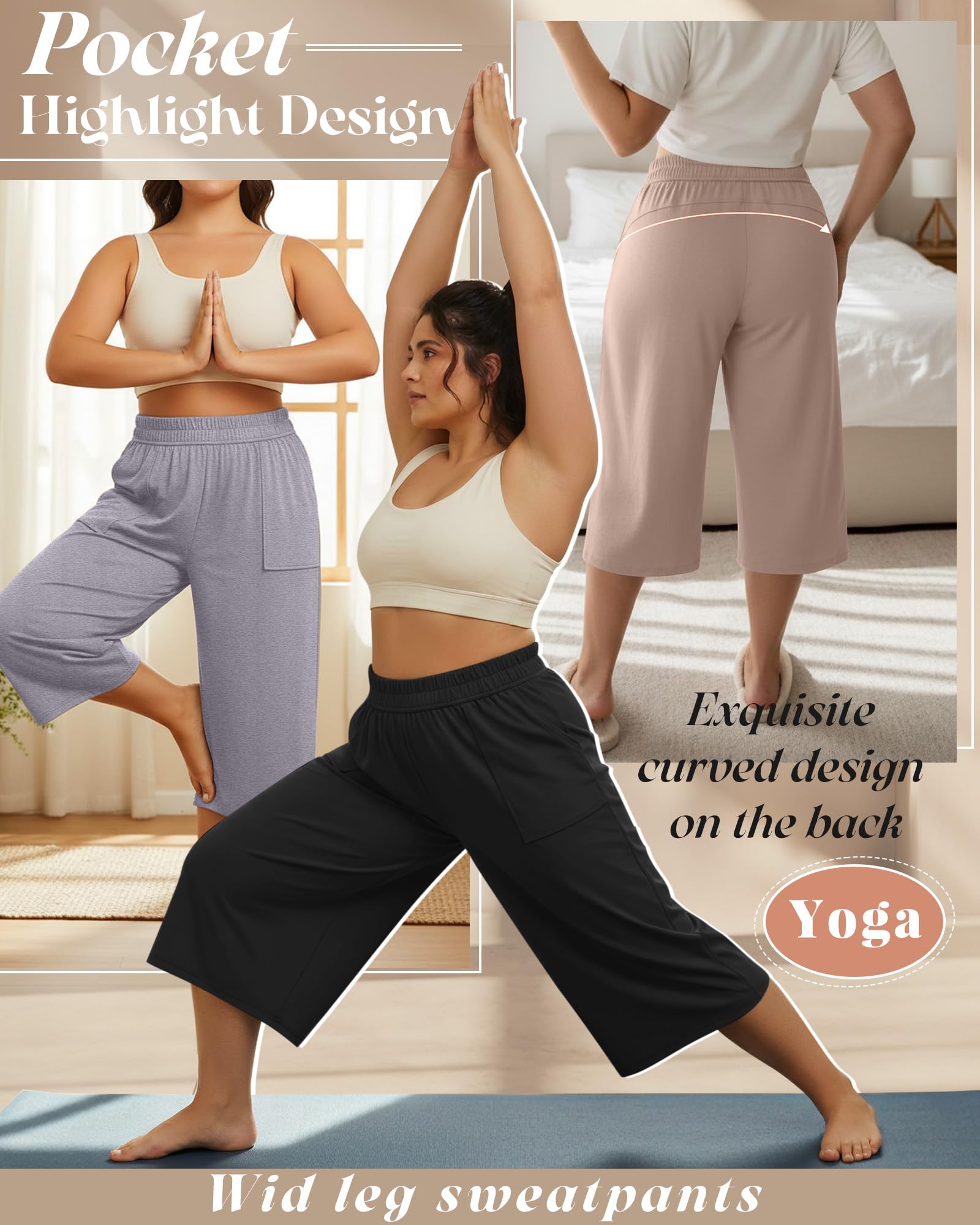 Neer Lot de 3 Pantalons Capri à Jambe Large en Coton pour Femme - Grande Taille - Taille élastique - Coupe Ample - Pantalon de Sport avec Poche