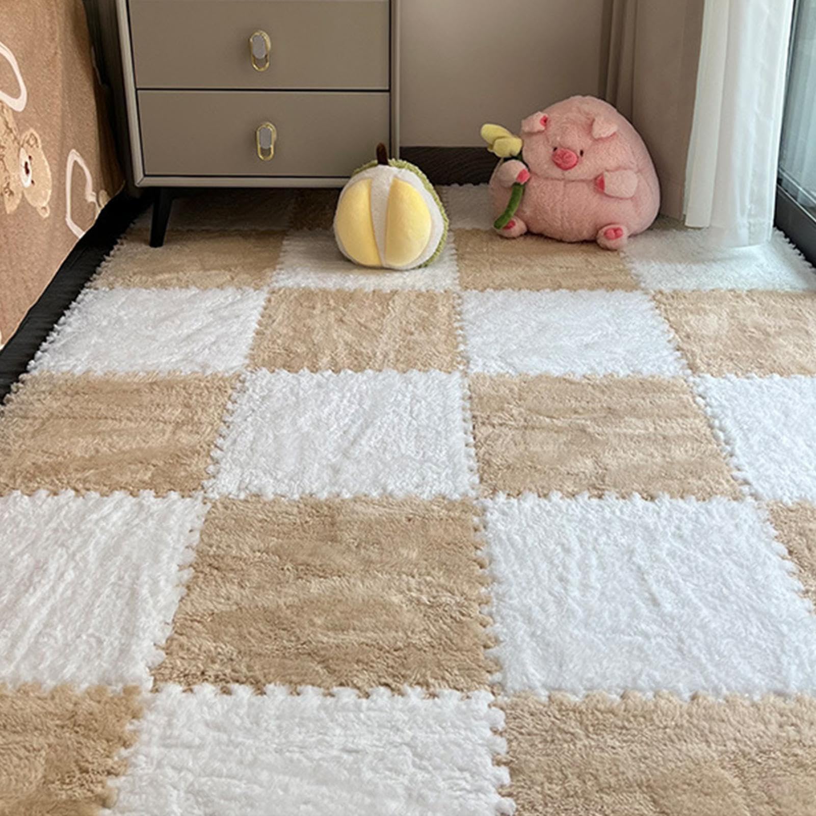 Spielmattenfliesen – Bodenfliesenmatten | Schaumstoff-Baby-Spielmatte, quadratischer Teppich, Fliesen, Boden, zotteliger Teppich, rutschfeste Unterseite, schützend für Schlafzimmer, Kinderzimmer,