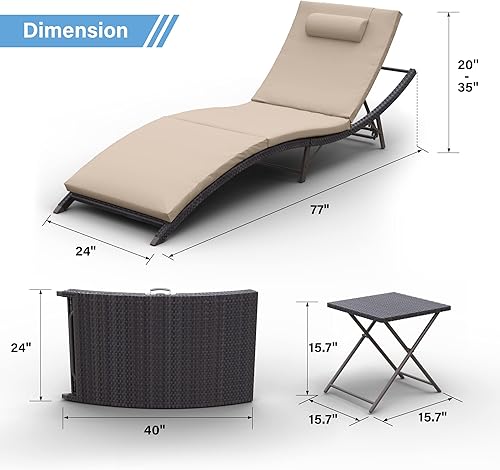 Miniatura 2 de ALAULM Sillas de piscina para exteriores ajustables con cojín de esponja, 2 plegables y portátiles y 1 mesa para piscina, patio, playa, arena