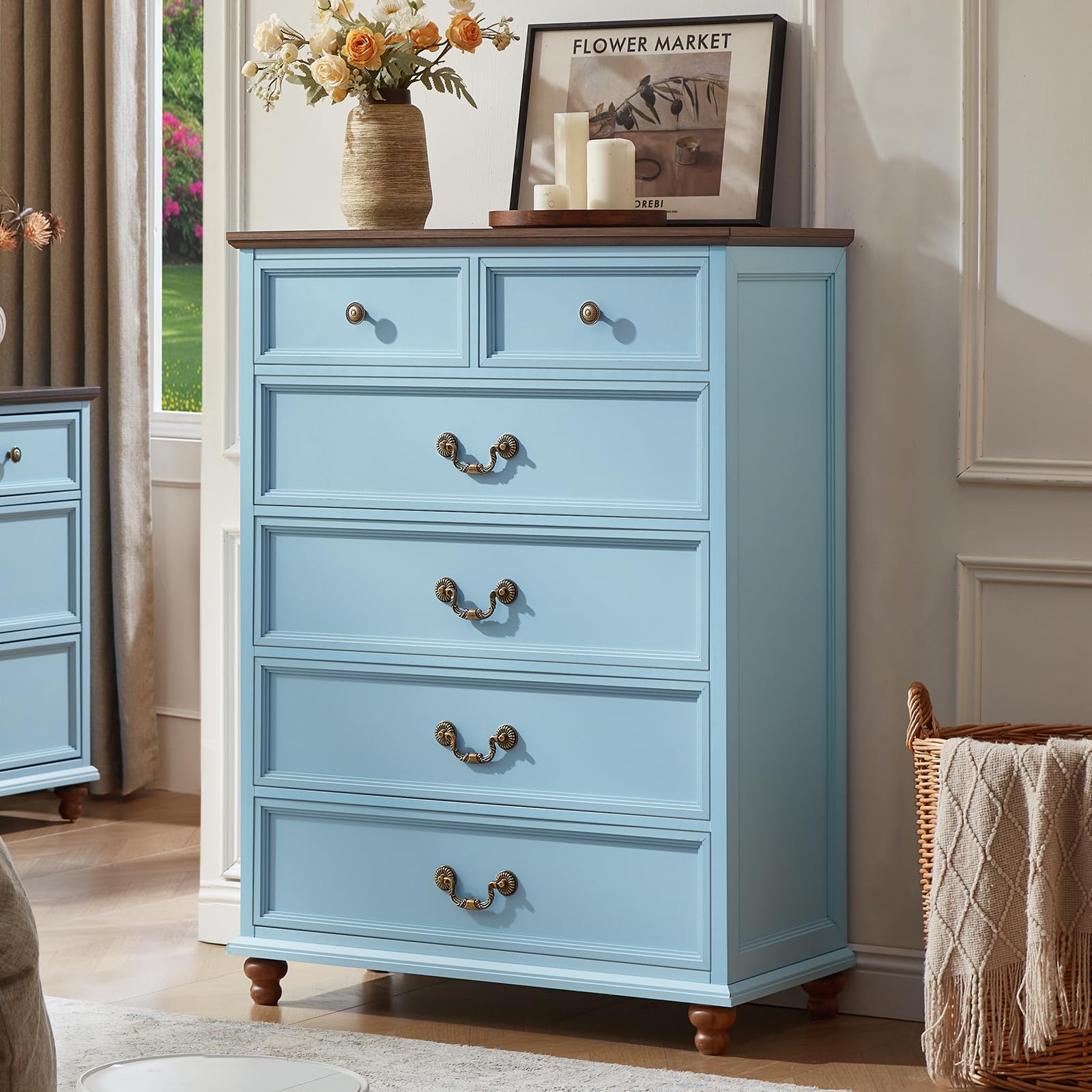 Joaxswe Farmhouse 6 Drawer Dresser for Bedroom, 42" Tall Rustic Chests of Drawers w/ 4 Solid Wood Feet, Mid Century Modern Wooden Closet Storage Dressers Organizer for Living Room, Hallway,Light Blue