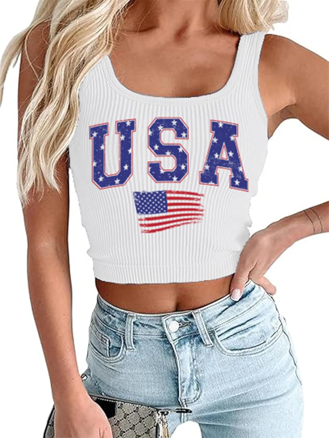 American Flag Crop Tank Tops Women Patriotic 4th of July USA Flag Sleeveless T Shirt Summer Tee Tops