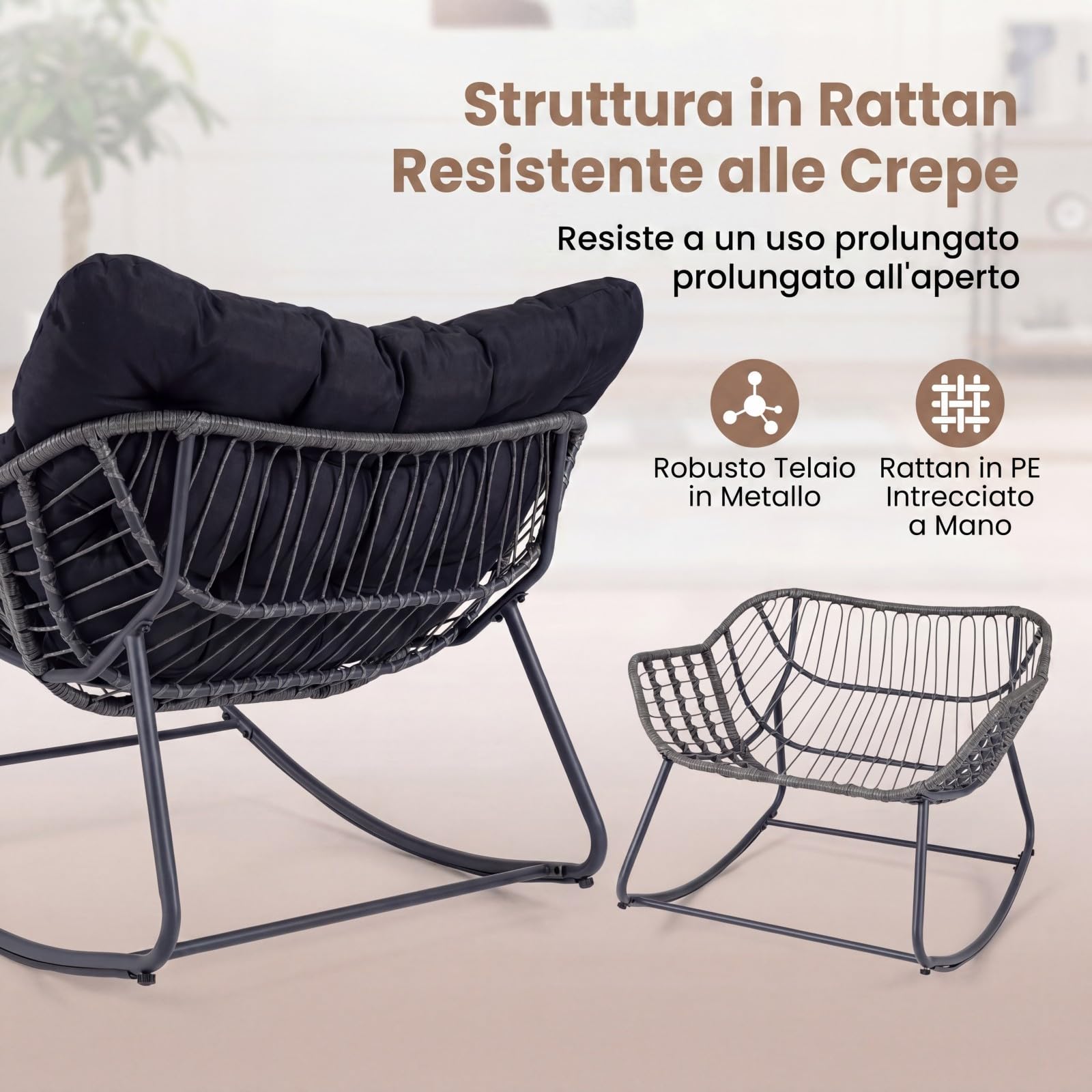 COSTWAY Sedia a Dondolo da Interno ed Esterno, Poltrona a Dondolo con Poggiapiedi e Cuscini Rimovibili, Poltrona Relax in Rattan con Telaio in Metallo per Soggiorno e Giardino, Portata 150 kg (Nero)