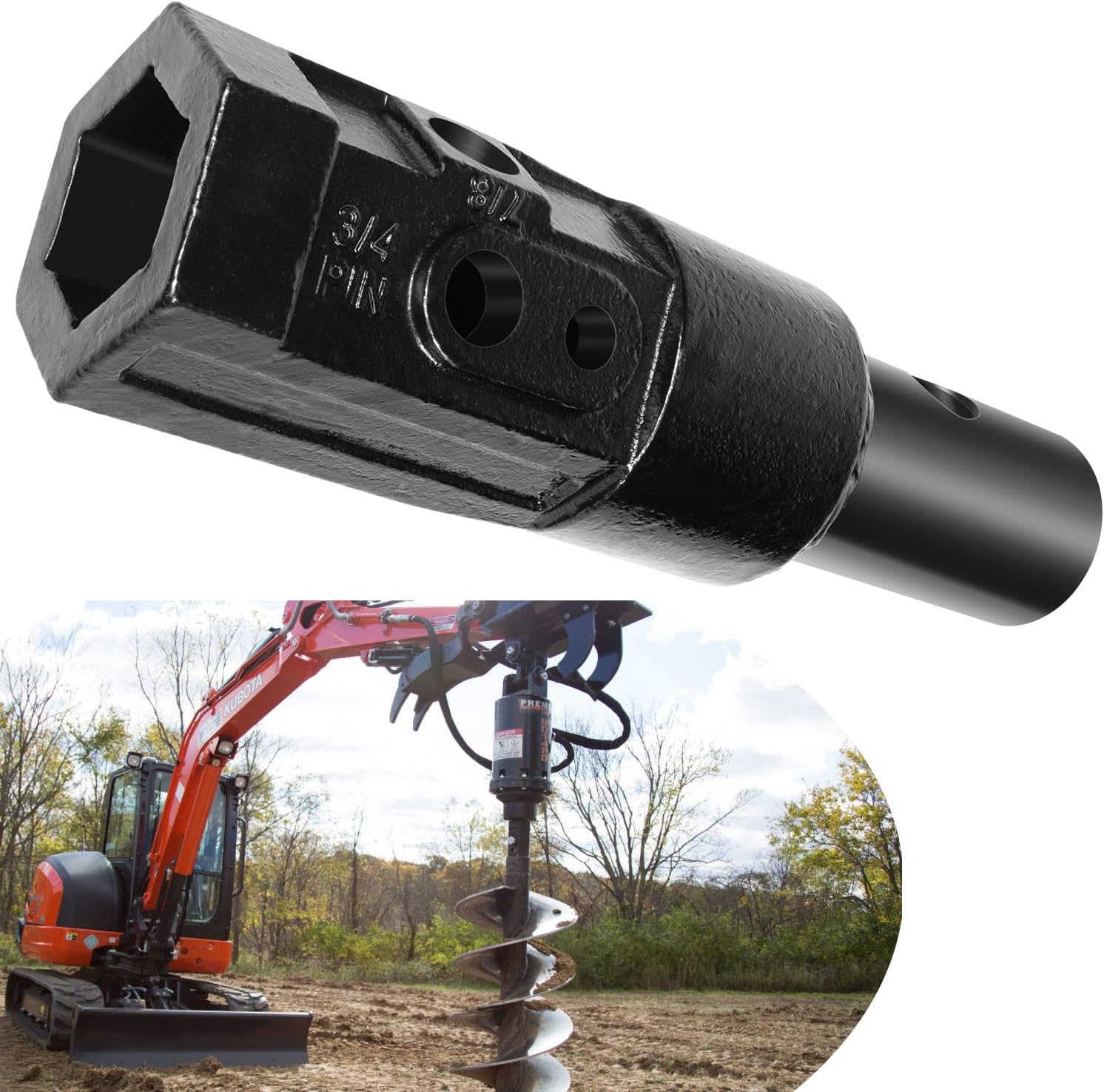 Heavy Duty Auger Adapter 2" Female Hex to 2-9/16" Male Round Bit Converter for Auger, Mini Skid Steer,Implement, Skid Steer Loader, Tractor