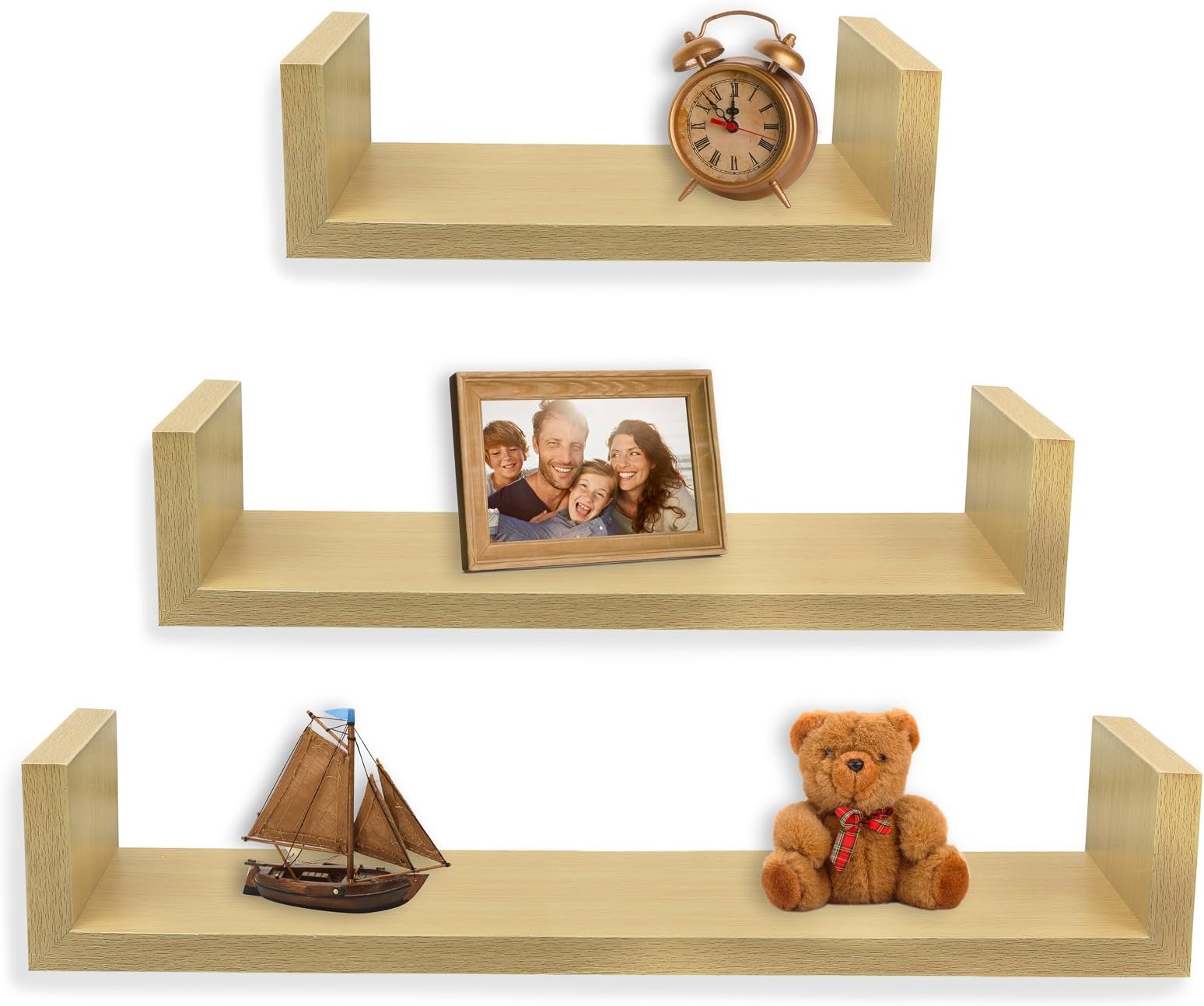 Set of 3 Floating โUโ Shelves, Easy-to-Assemble Wall Mount Shelves for Bedrooms and Living Rooms, Natural Finish