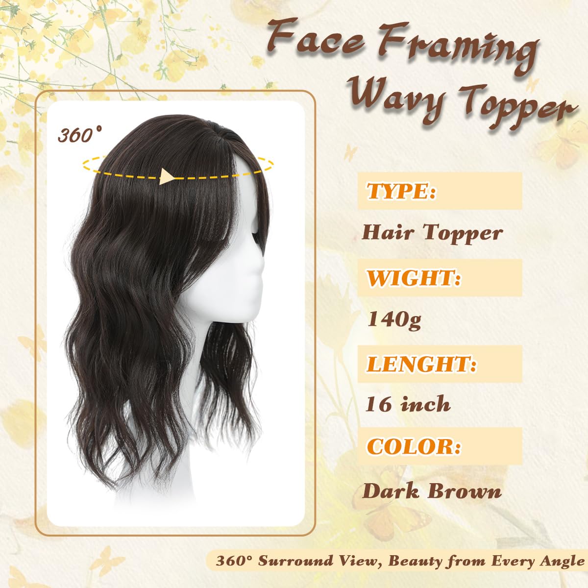 16 Inch Wavy Hair Topper for Women with Thinning Hair Full Coverage Natural Blending Easy to Wear Seamless Fit Hair Pieces for Daily & Party Use