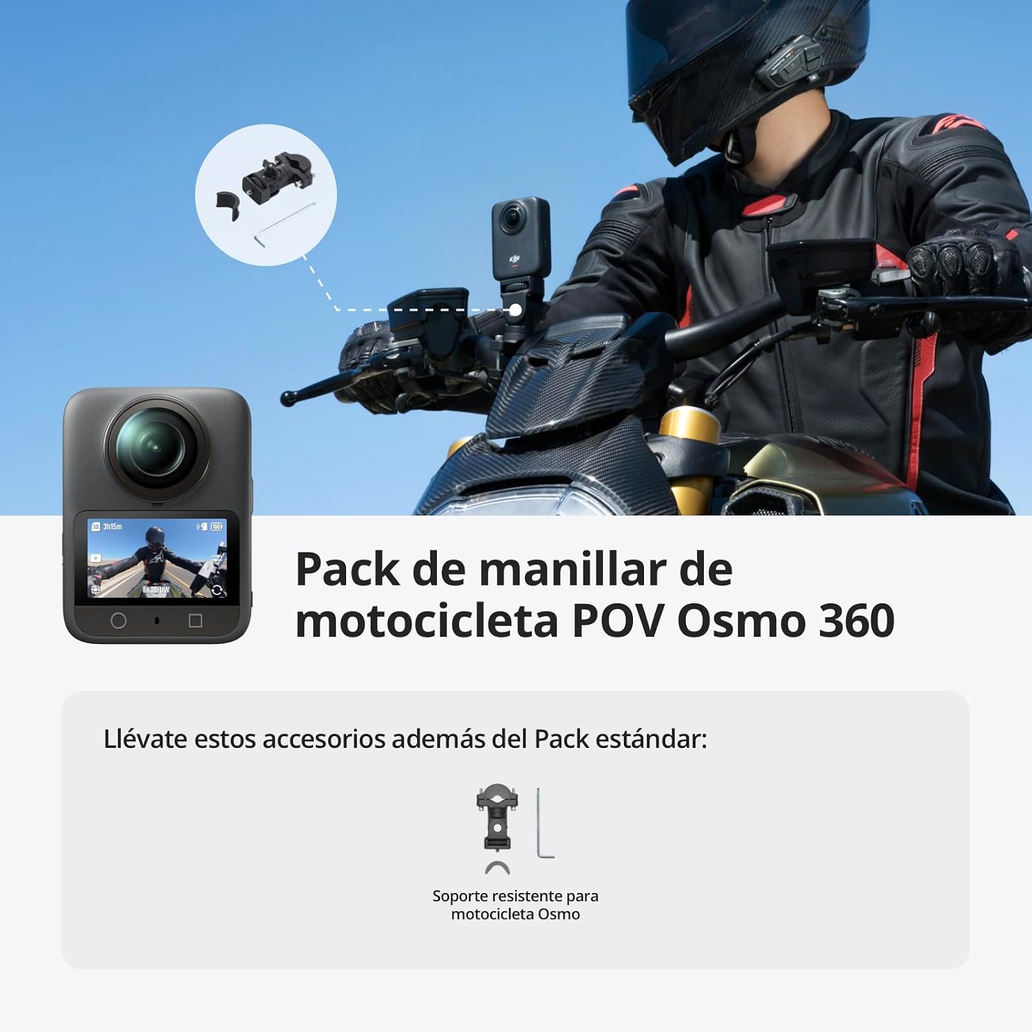 DJI Pack de Manillar de Motocicleta POV Osmo 360, cámara 360 con Imagen 360° de 1 Pulgada, FOV de 170°, Video 360° en 8K Nativo, liberación rápida magnética, cámara de acción para Motociclistas 3