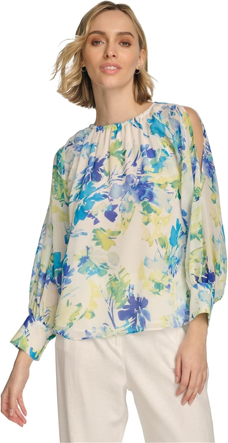 Calvin Klein Women's Floral-Print Gathered Cold-Shoulder Blouse (Pear Multi, Small)