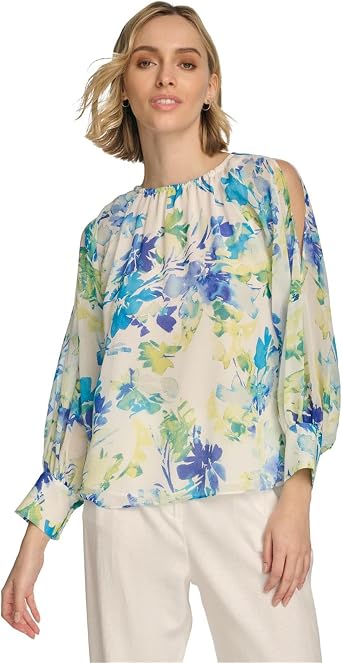 Calvin Klein Womens Floral-Print Gathered Cold-Shoulder Blouse Pear Multi, Small