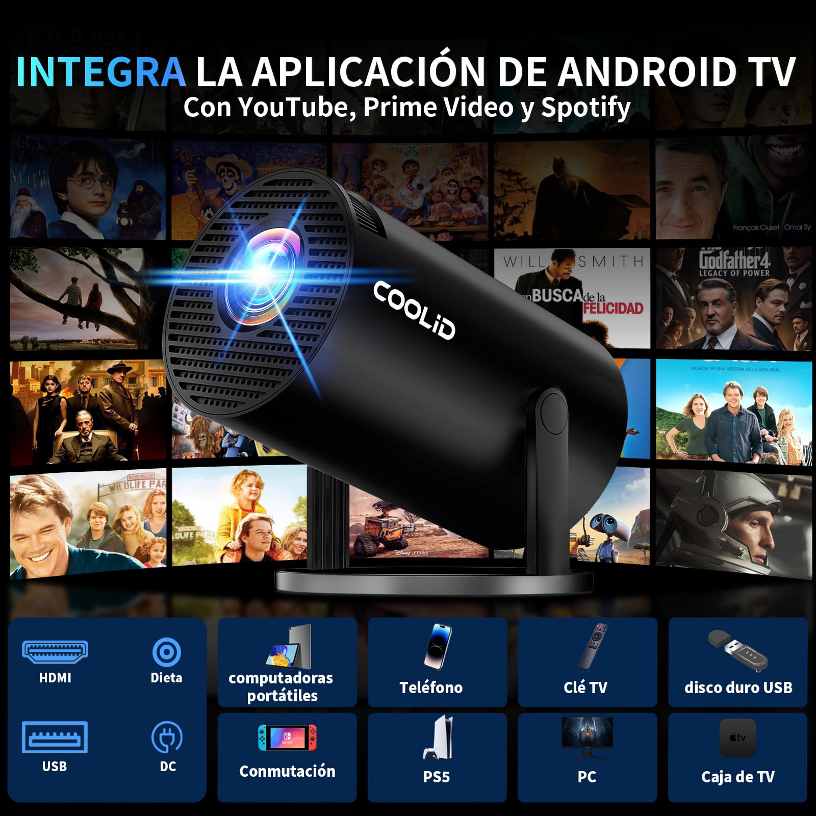 [2026 App Integrada] Mini Proyector 4K Support 1080p con WiFi 6 y Bluetooth 5.2 Proyector portátil con Enfoque automático y corrección Trapezoidal Compatibile con TV Stick/USB/PS5/Laptop,Negro