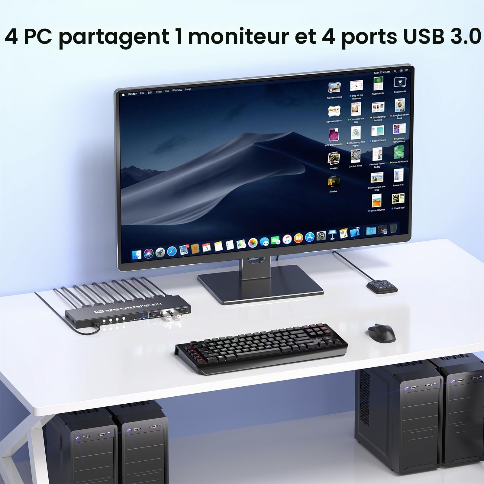 Commutateur KVM HDMI 4 PC 1 moniteur, USB 3.0 4K/60Hz 4 ports HDMI KVM Switch pour 4 PC pour une utilisation commune de 1 moniteur, clavier, souris et autres appareils USB