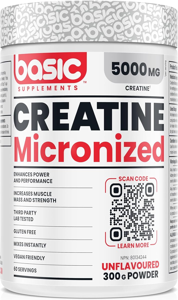 BASIC SUPPLEMENTS Basic Micronized Creatine Monohydrate, 5000mg per Serving, Helps Enhance Power and Performance, Helps Improve Strength, Third Party Lab Tested, Instant-Mix, Gluten Free, Vegan Friendly