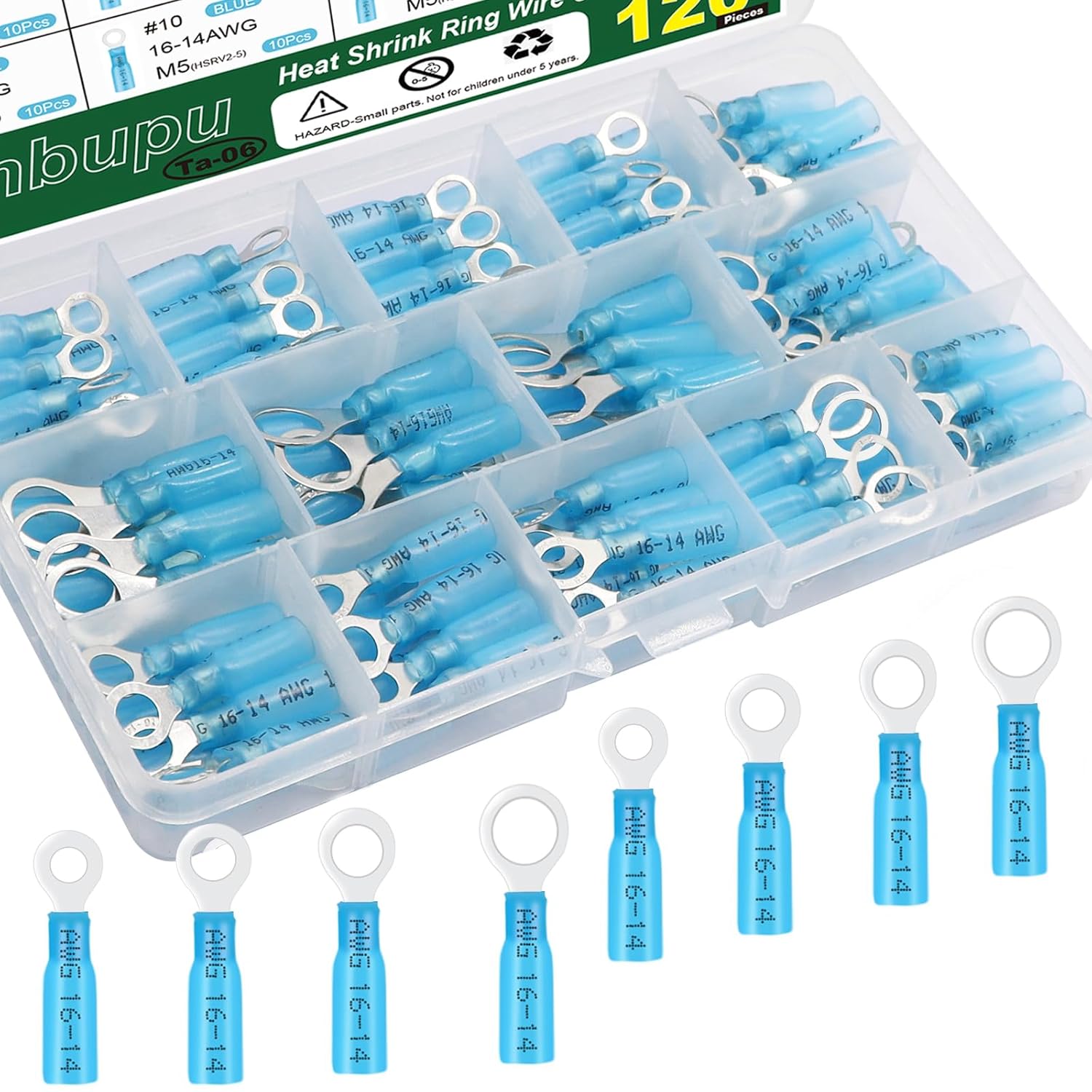 120Pcs Heat Shrink Ring Wire Connectors，#10,1/4",5/16",3/8"(4Sizes) Waterproof Automotive Marine Electrical Terminals Kit，16-14 AWG Crimp Connector Assortment