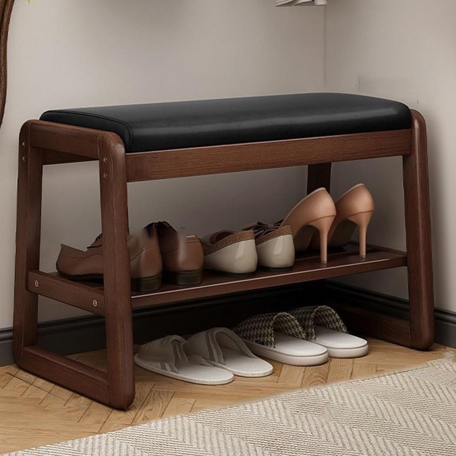 Schuhbank für den Eingangsbereich, mit Stauraum, PU-Leder, gepolstert, Ottomane, Massivholz, Schuhregal, Orga für Schlafzimmer, Wohnzimmer, Flur, stilvoll, Schwarz, 100 cm
