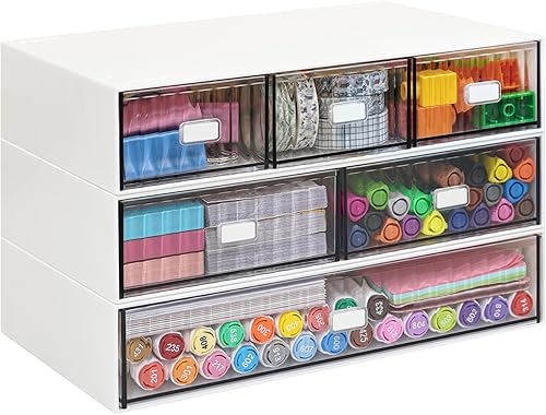 Miniatura 12 de Organizador de Escritorio Apilable de 3 Niveles con 6 Cajones, YOCOMEY Caja de Almacenamiento de Escritorio de Plástico con Cajones, Organizador