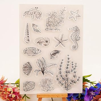 Shell Conch Starfish Clear Stamps Silicone Stamp Cards, Seaweed Lobster Coral Pattern Transparent Seal Stamps for Holiday Card Making Decoration and DIY Scrapbooking Album DIY Crafts