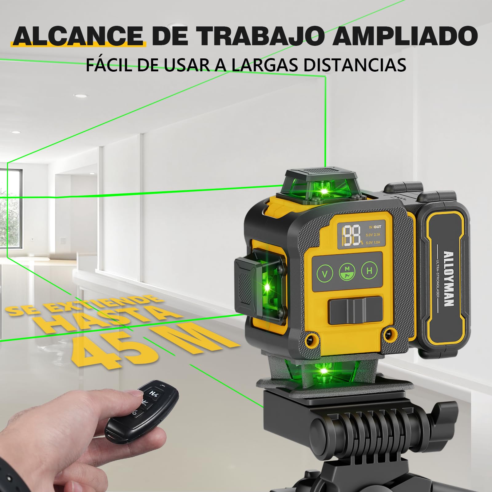 Alloyman MAX Nivel Láser Autonivelante 360° con Trípode, Nivel Láser Verde 4D de 16 Líneas, 2 Baterías Recargables, Montaje en Pared, Control Remoto, para Obras e Interiores