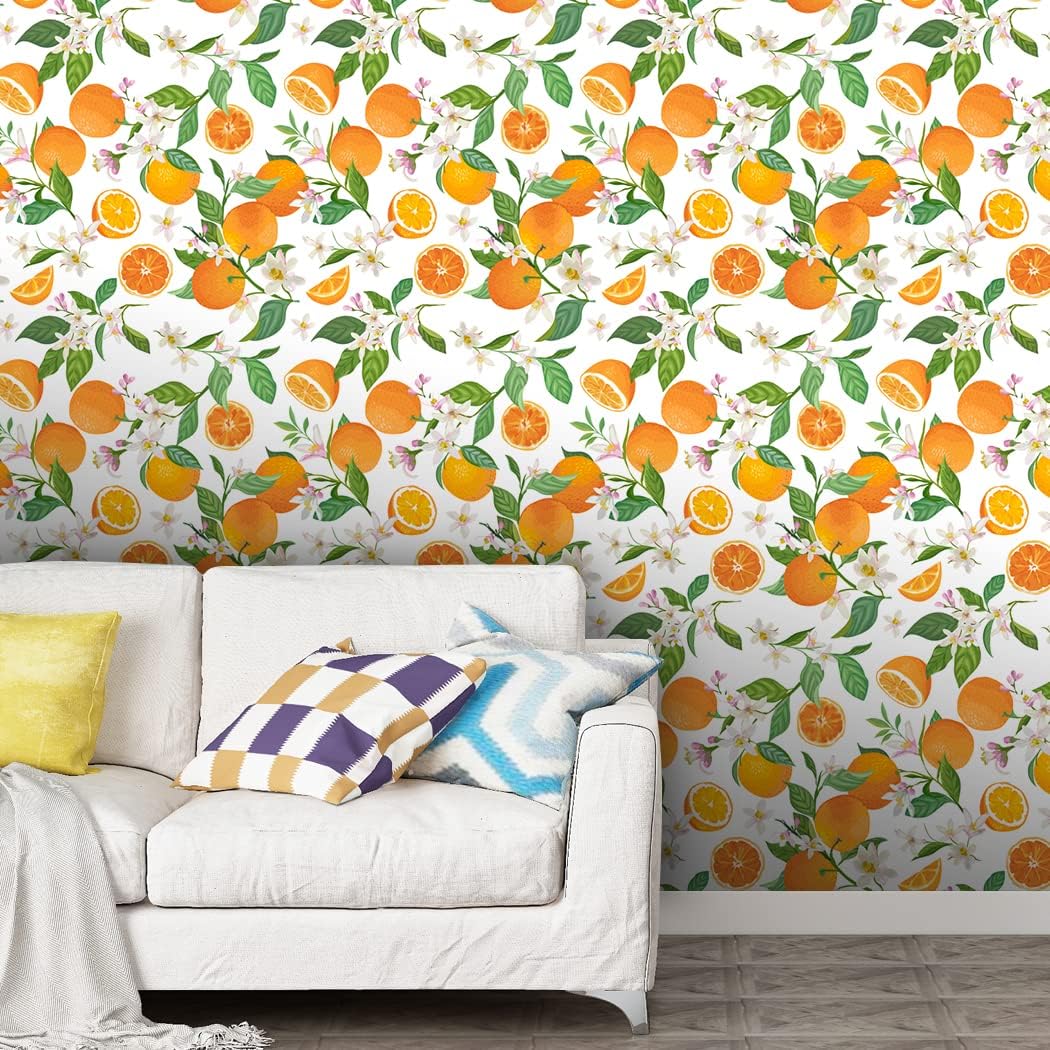 Floral Peel and Stick Wallpaper Oranges Blossoms Citrus Print Self Adhesive Wallpaper Removable Contact Paper for Living Room Cabinet DIY Decor 17.7in x 9.8ft
