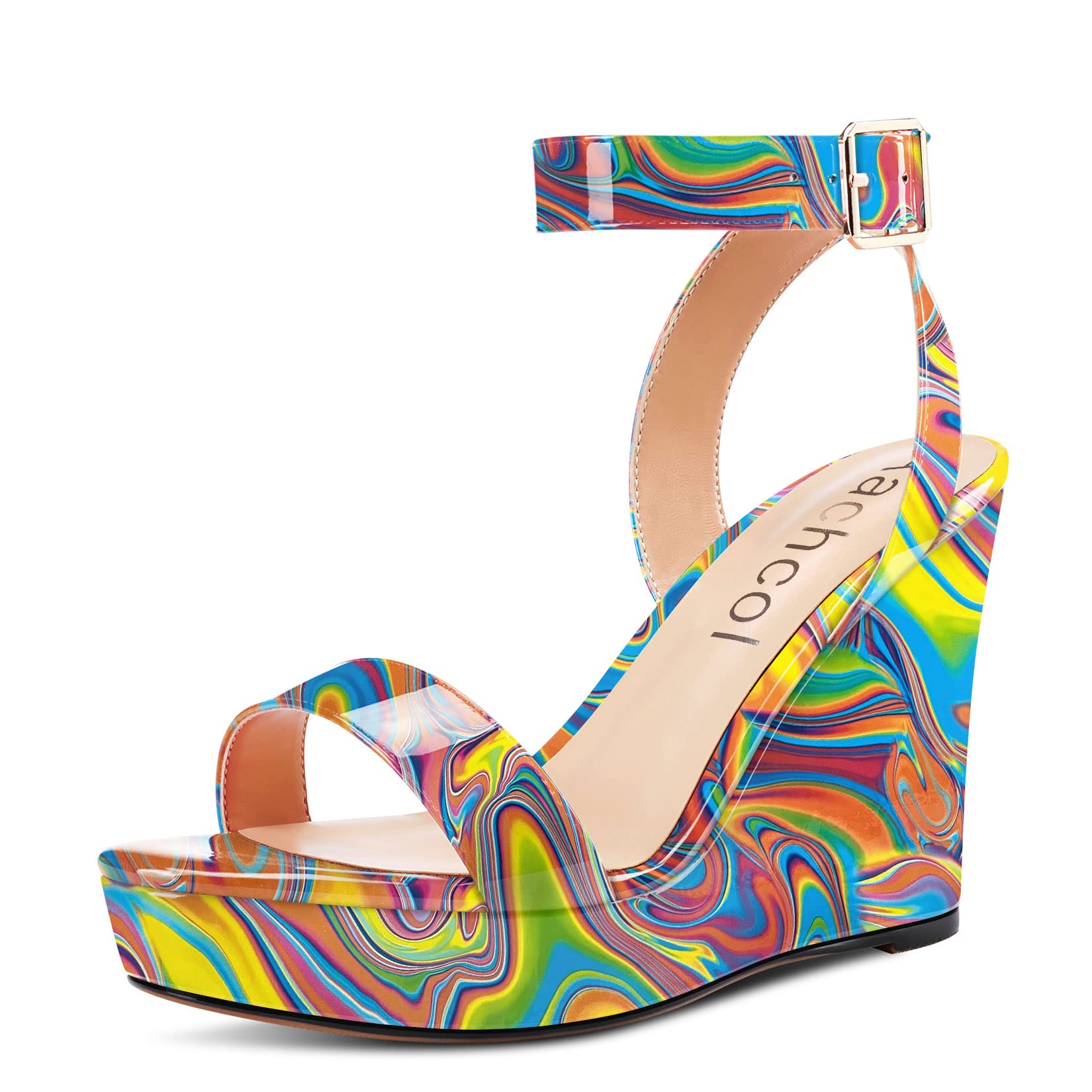 Aachcol Women Platform Wedge Sandals Round Peep Open Toe Ankle Strap Slingback Two-Piece Chunky Block High Heel Dress Shoes Pumps Party Patent 4 Inch