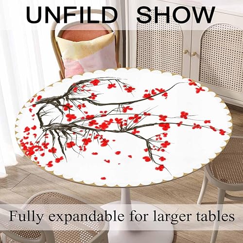 Miniatura 6 de Yibeas Mantel redondo de cereza roja japonesa con pintura de tinta, flor y cerezo, para comedor, cocina, decoración redonda, 60 pulgadas