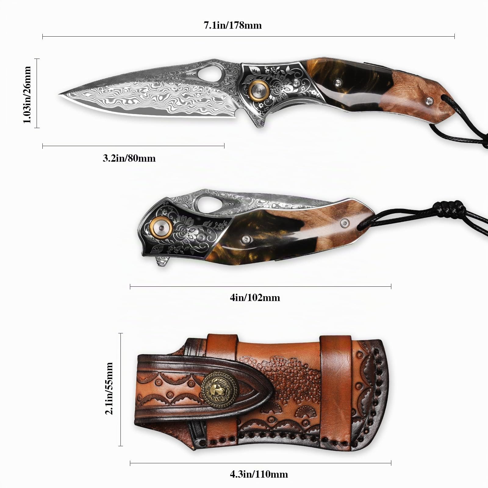 handmade Japan Damascus steel pocket knife，3.1" VG10 blade men and women Folding knife，With holster，Lining lock，resin and Maple handle，Suitable for EDC outdoor camping，go fishing hunting