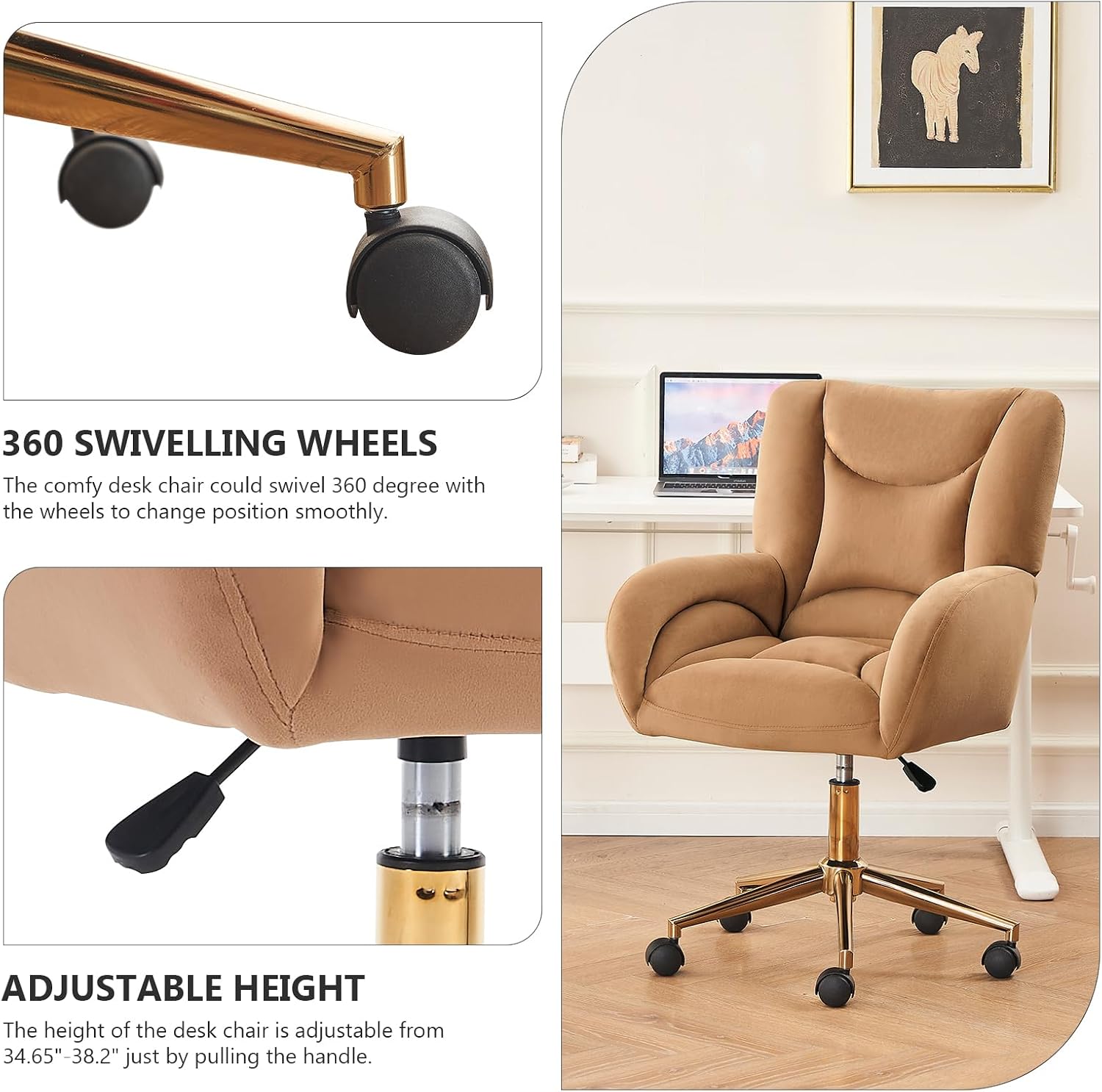 Hommoo Home Office Desk Chair Comfy Velvet Height Adjustable Vanity Chair with Wheels and Arms Modern Rolling Desk Chair 360°Swivel Gold Frame for Women and Girls Coffee