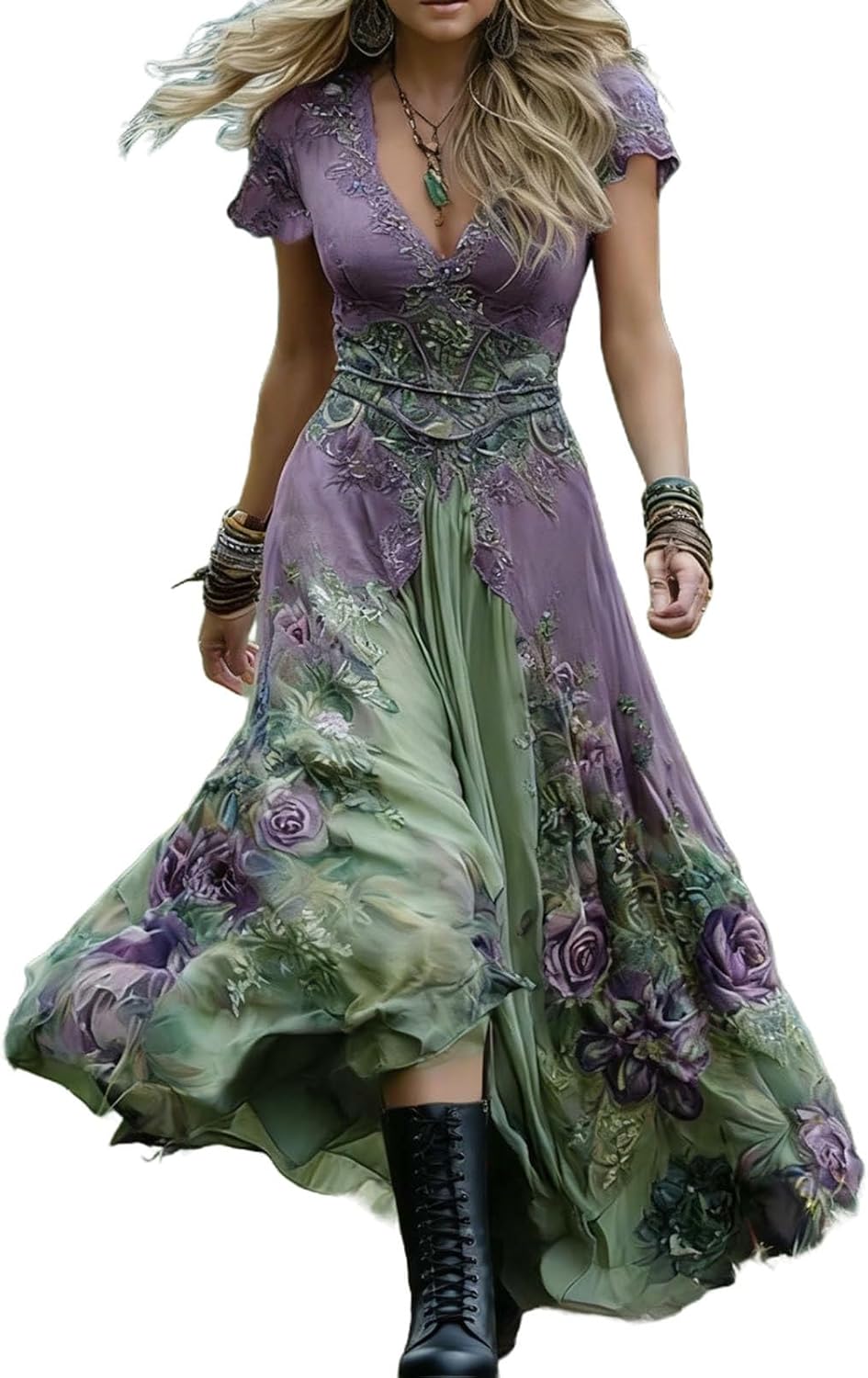 Bohemian Flowy Maxi Dress for Women Summer Sexy V Neck Wrap Swing Short Sleeve Western Beach Dresses