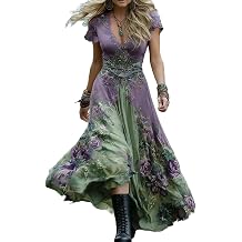 Women's Elegant Western Cowgirl Dresses Deep V Neck Short Sleeve Flowy Maxi Summer Dress Vintage Boho Sun Dresses