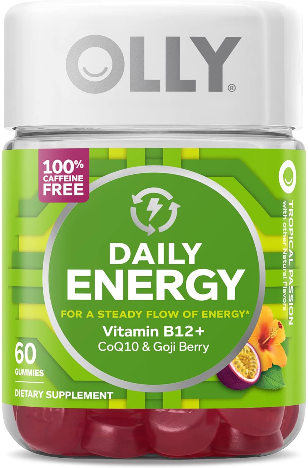 OLLY Daily Energy Gummy, Caffeine Free, Vitamin B12, CoQ10, Goji Berry, Adult Chewable Supplement, Tropical Flavor - 60 Count : Health & Household