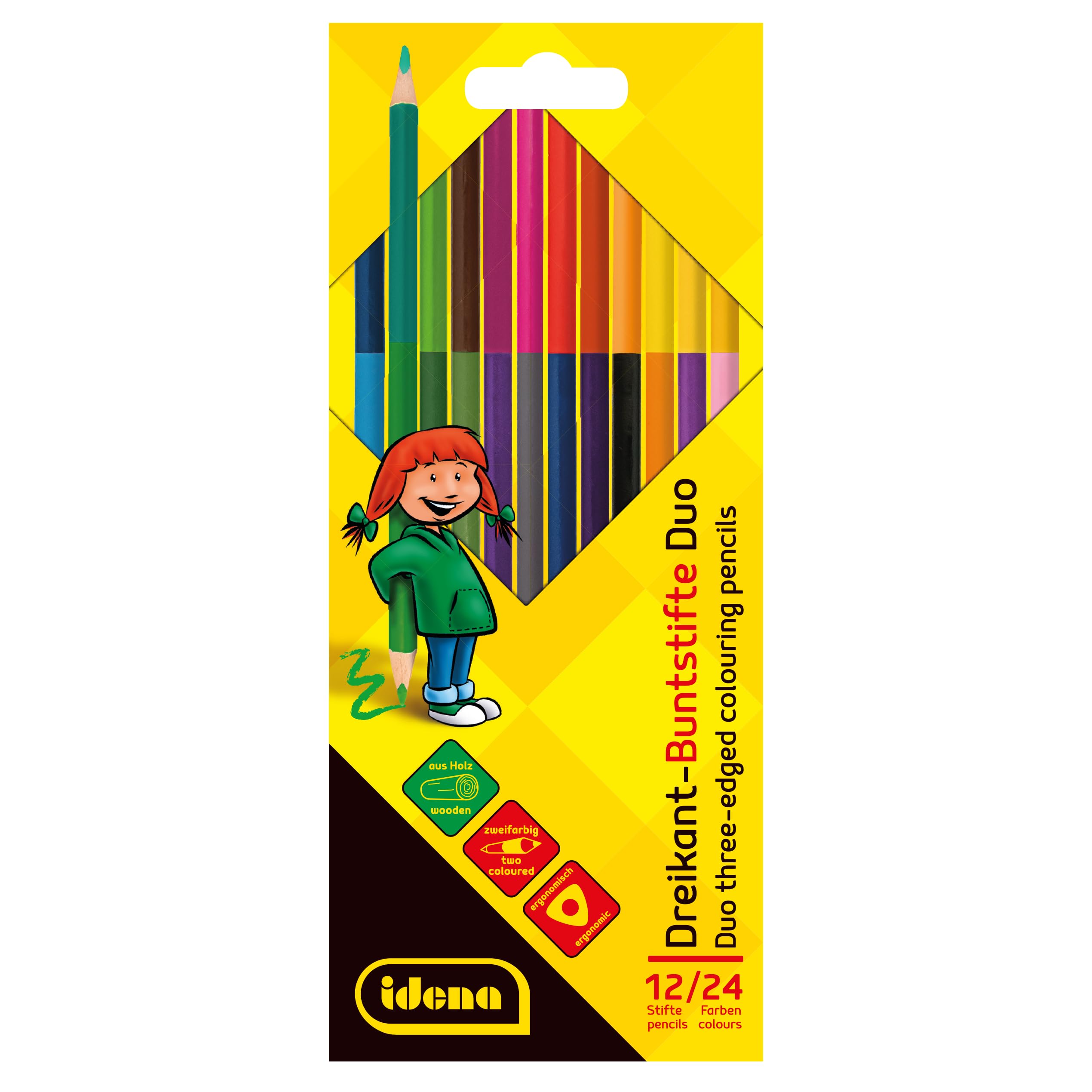 Idena 20163 Duo Triangular Colouring Pencils, 12 Colouring Pencils with 24 Bright Colours in Cardboard Case, for Painting, Drawing, Writing and Colouring, Colouring Pens in Ergonomic Triangle Shape