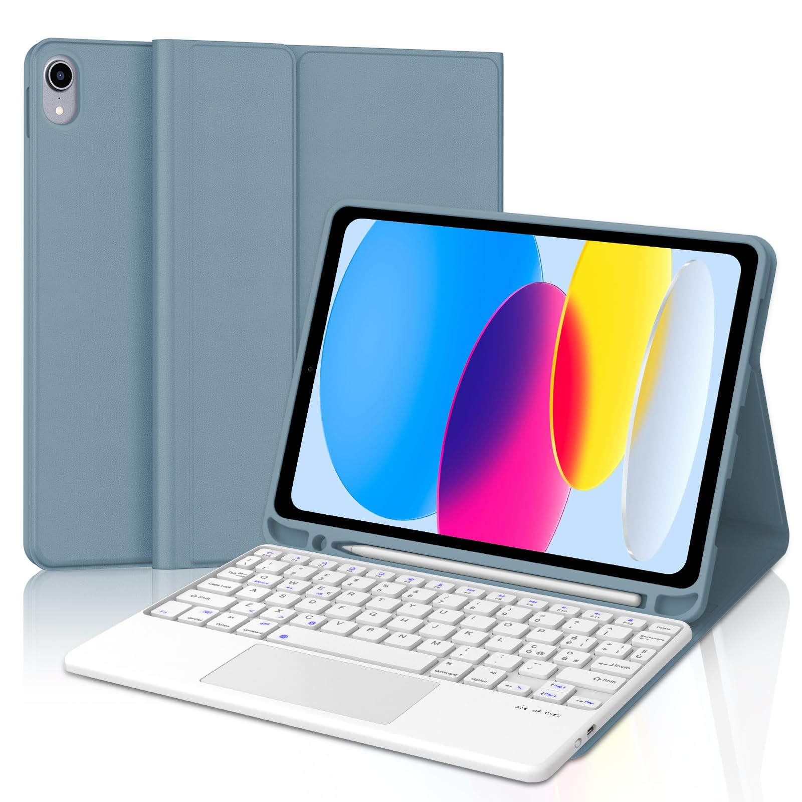 Occtingkind Per iPad A16 11 Gen 11" Cover Tastiera con Touchpad Italiana | Cover per iPad con Tastiera A16 - Con Touchpad Custodia Magnetica Rimovibile Keyboard, Protezione affidabile, Blu Nebbia
