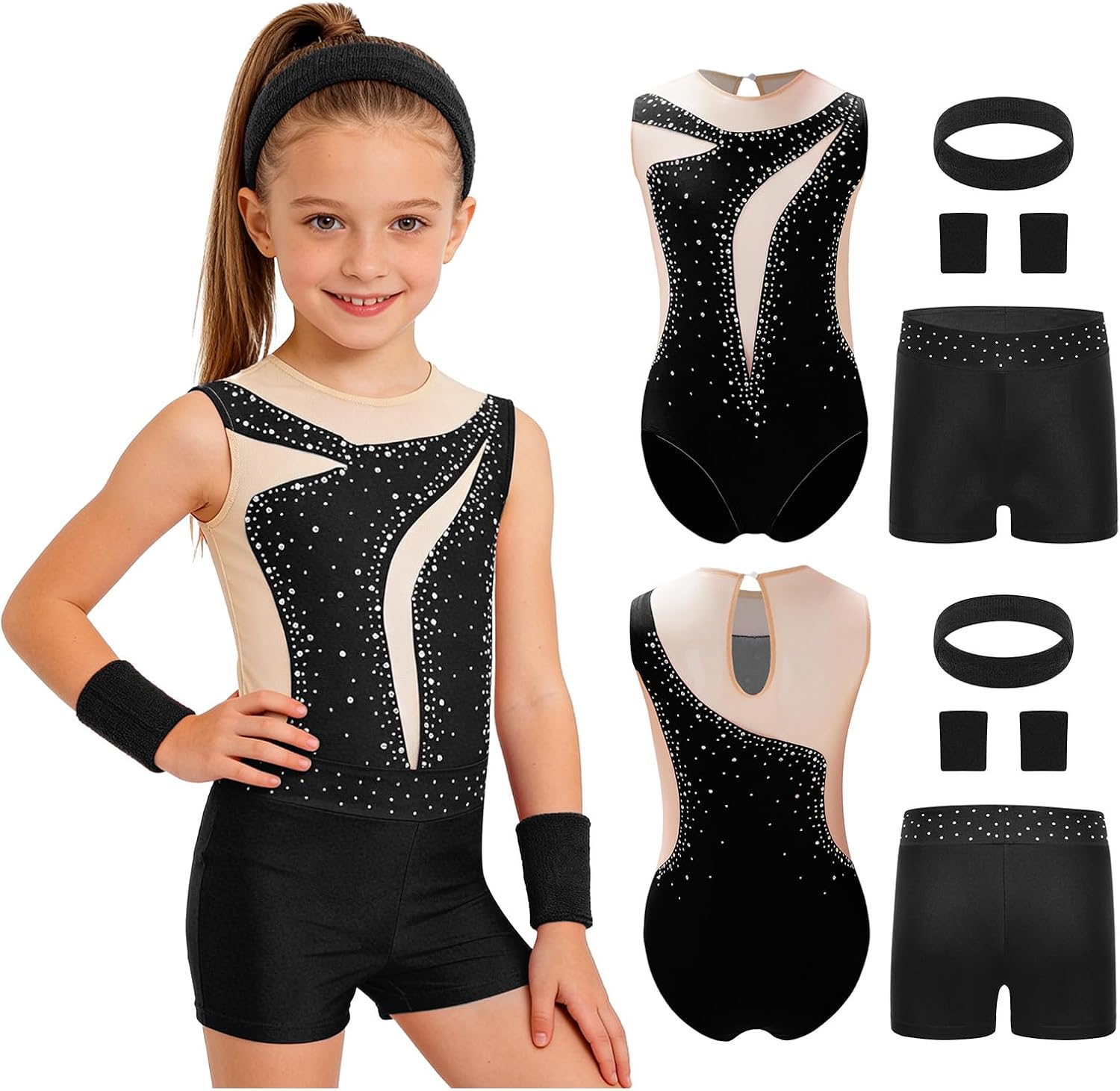 Alvivi Girls Gymnastics Leotard with Shorts Scrunchie Wristbands Dance Workout Clothing Sets for Performance