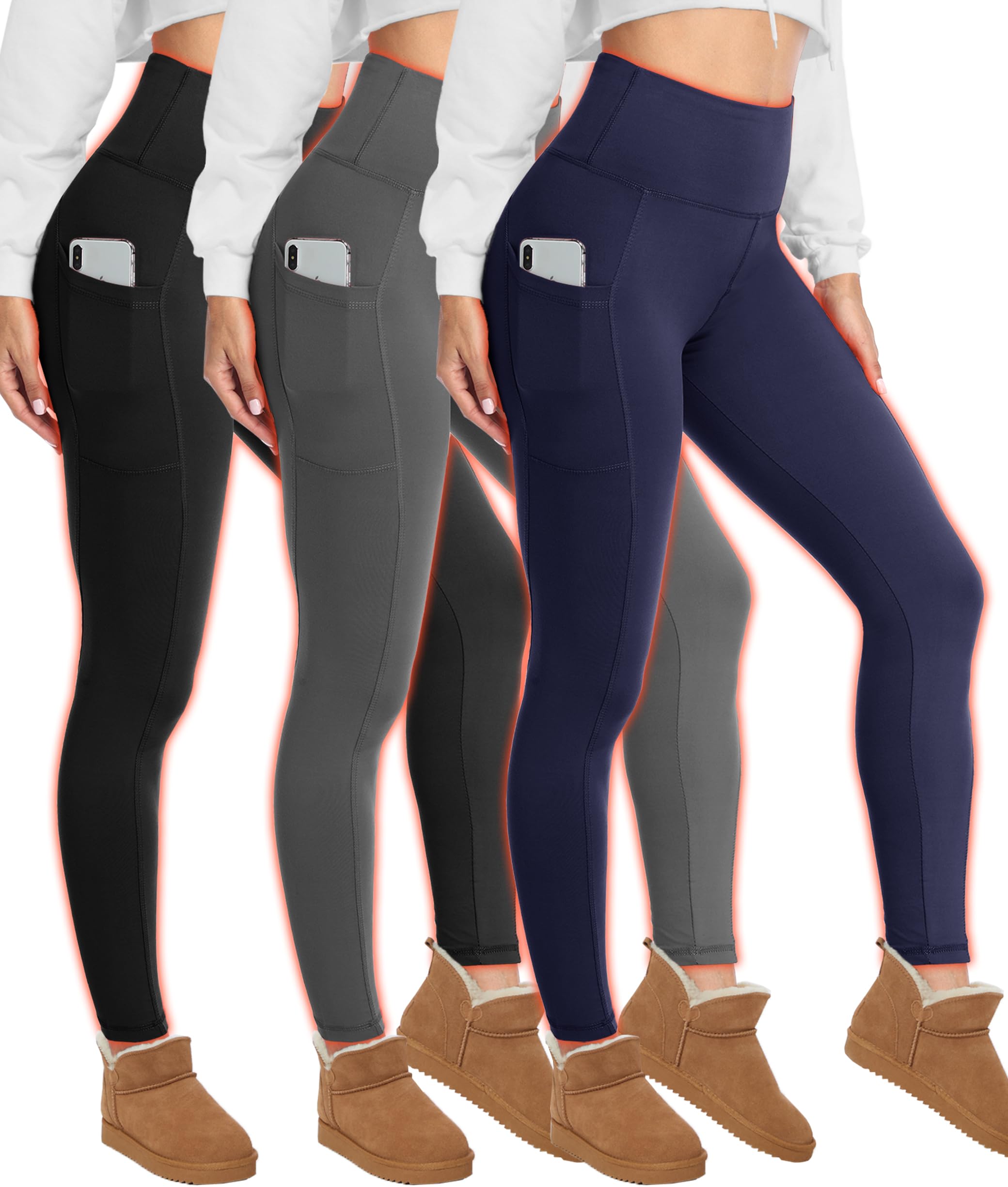 HIGHDAYS 3 Pack Women's Fleece Lined Leggings with Pockets - High Waist Winter Thermal Warm Workout Running Yoga Pants,Black/Gray/Navy Blue, Plus Size