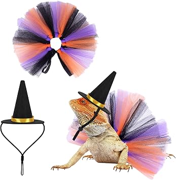 2pcs Bearded Dragon Witch Costume Set Small Pet Adjustable Hat Bow Tutu Skirt Outfits for Lizards Guinea Pigs Bunny Ferrets for Celebrations Halloween Parties Black