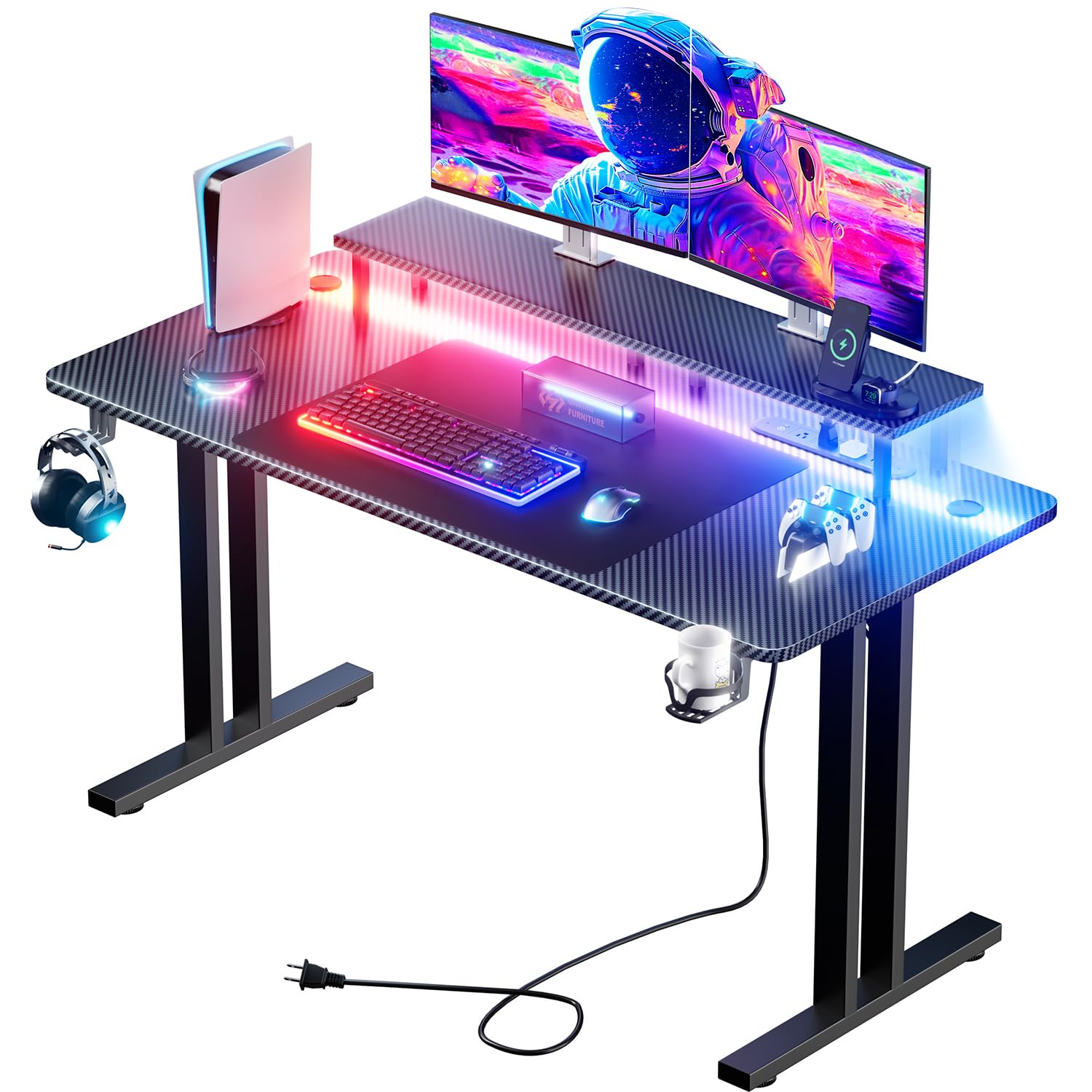 HLDIRECT 63 Inch Gaming Desk with 5 Sockets & LED Lights, Computer Gamer Desk with Monitor Stand, Ergonomic Carbon Fiber Gaming Table Home Office Desk