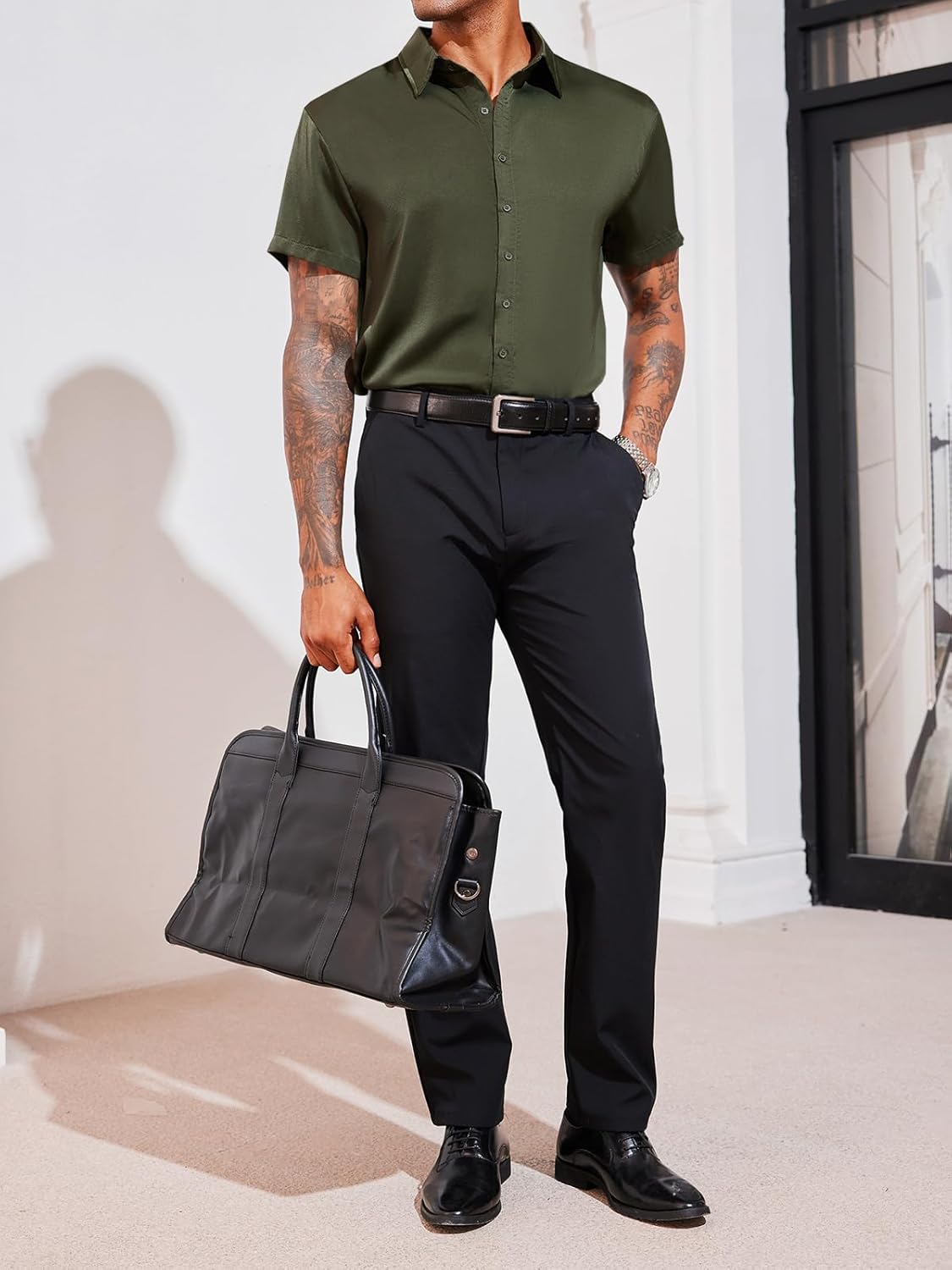 Runcati Mens Luxury Satin Silk Dress Shirts Casual Button Down Short Sleeve Prom Party Wedding Shirt - Image 4