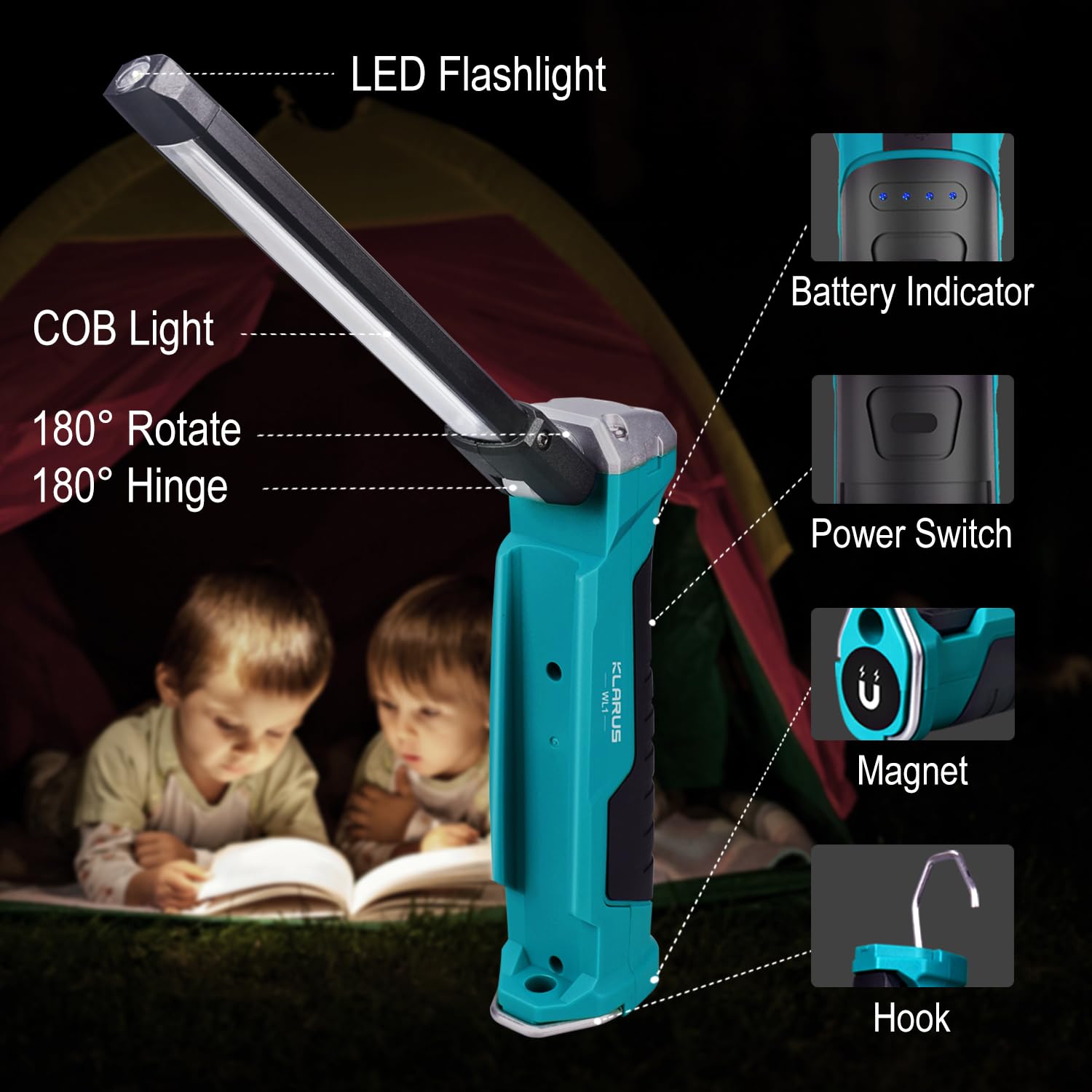 KLARUS WL1 Lampa inspekcyjna Akumulator, Wielofunkcyjna lampa robocza, Lampa inspekcyjna 550 lumenów z magnetyczną podstawą i hakiem, Obrót o 180 ° + 180 ° Składana latarka inspekcyjna