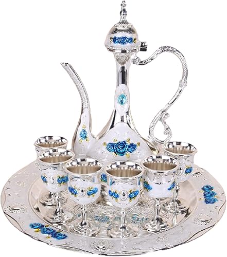 Fairnull Juego de 8 piezas de cafetera turca vintage juego de frasco de té de vino de aleación de zinc con bandeja de tetera tazas de decoración de