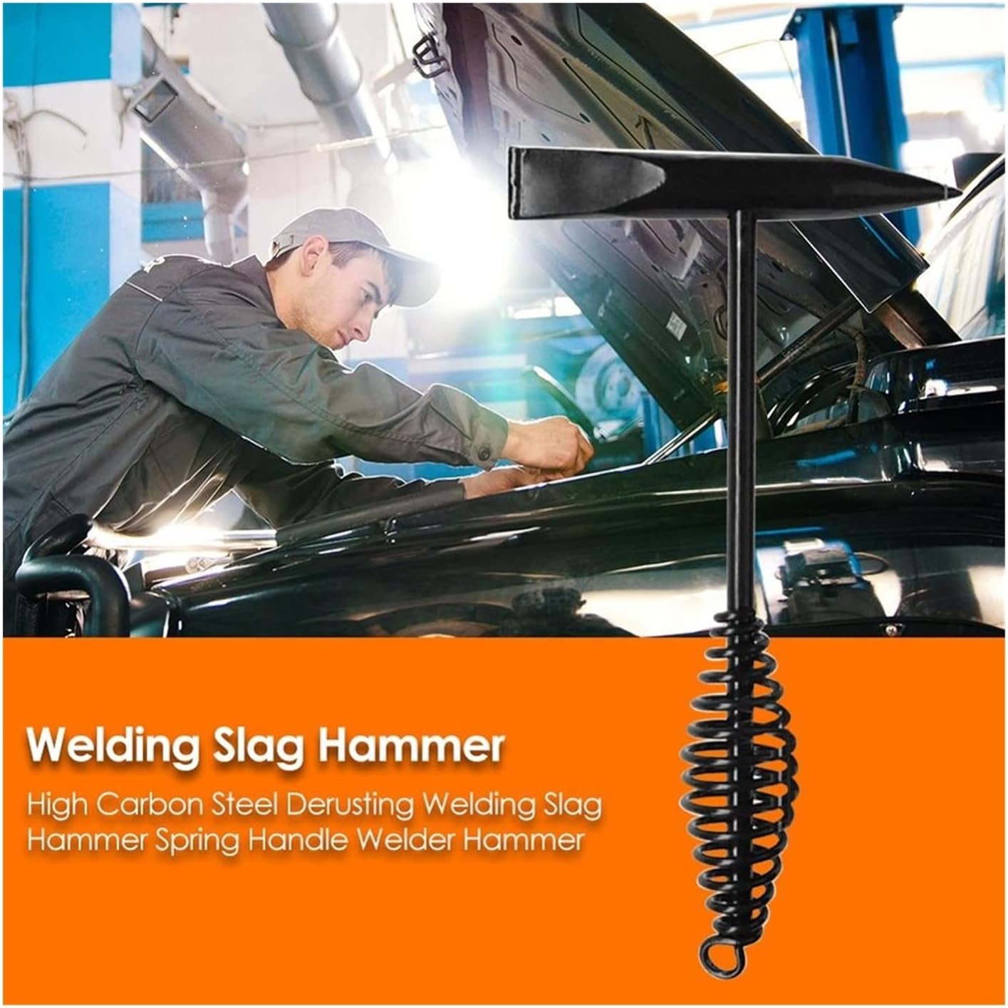 Welding Slag Hammer-1pcs High Carbon Steel Derusting Welding Slag Hammer Spring Handle Welder Hammer Electrician Pipe Machinery Repair Tools (Color : Black, Weight : 300g)