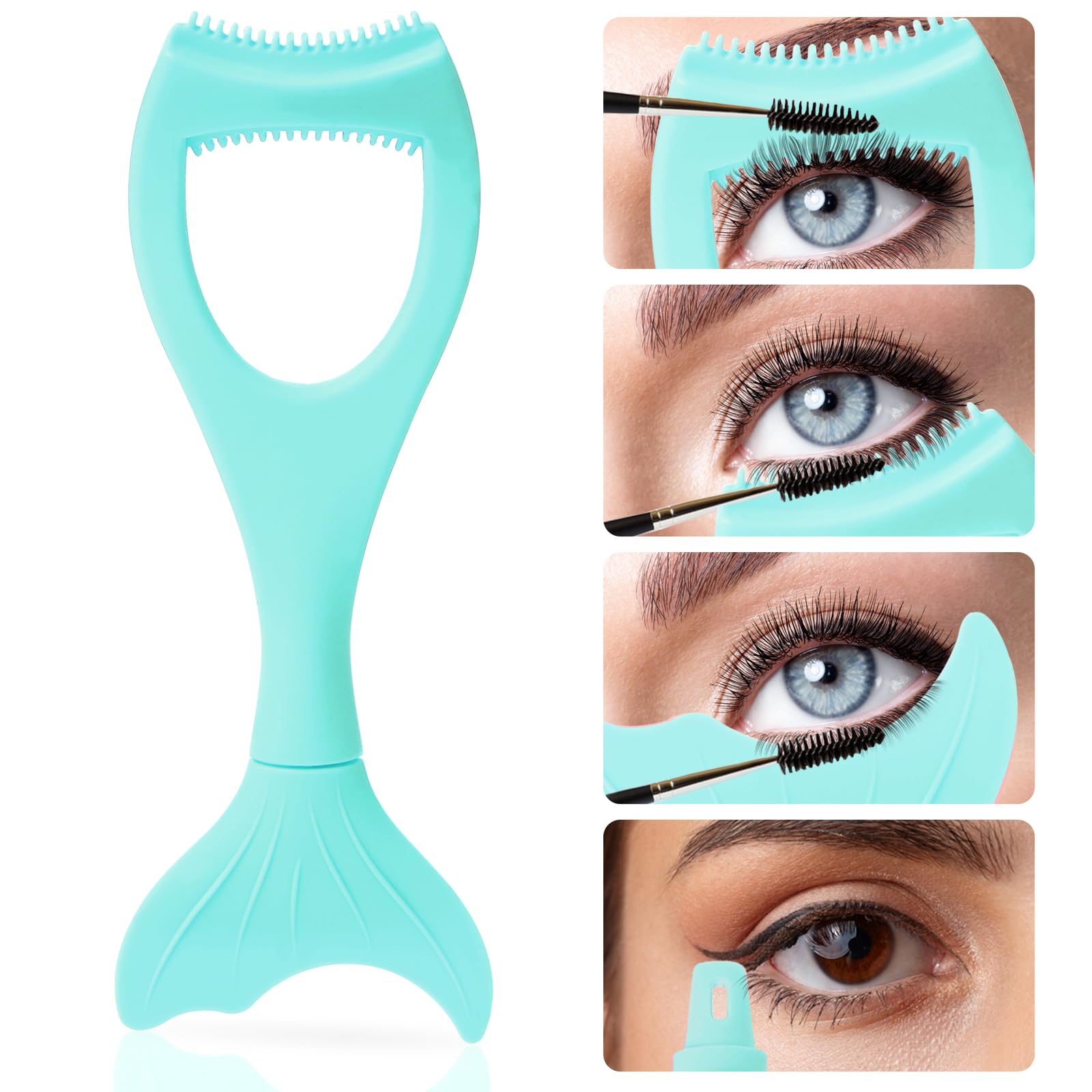 3 in 1 Mascara Shield Applicator Guard, Silicone Eyelash Separator Tool Reusable Mermaid Mascara Applicator Eyeliner Template Eyelash Comb Eyeshadow Auxiliary Tool Lash Makeup Helper,Detachable (Blue)