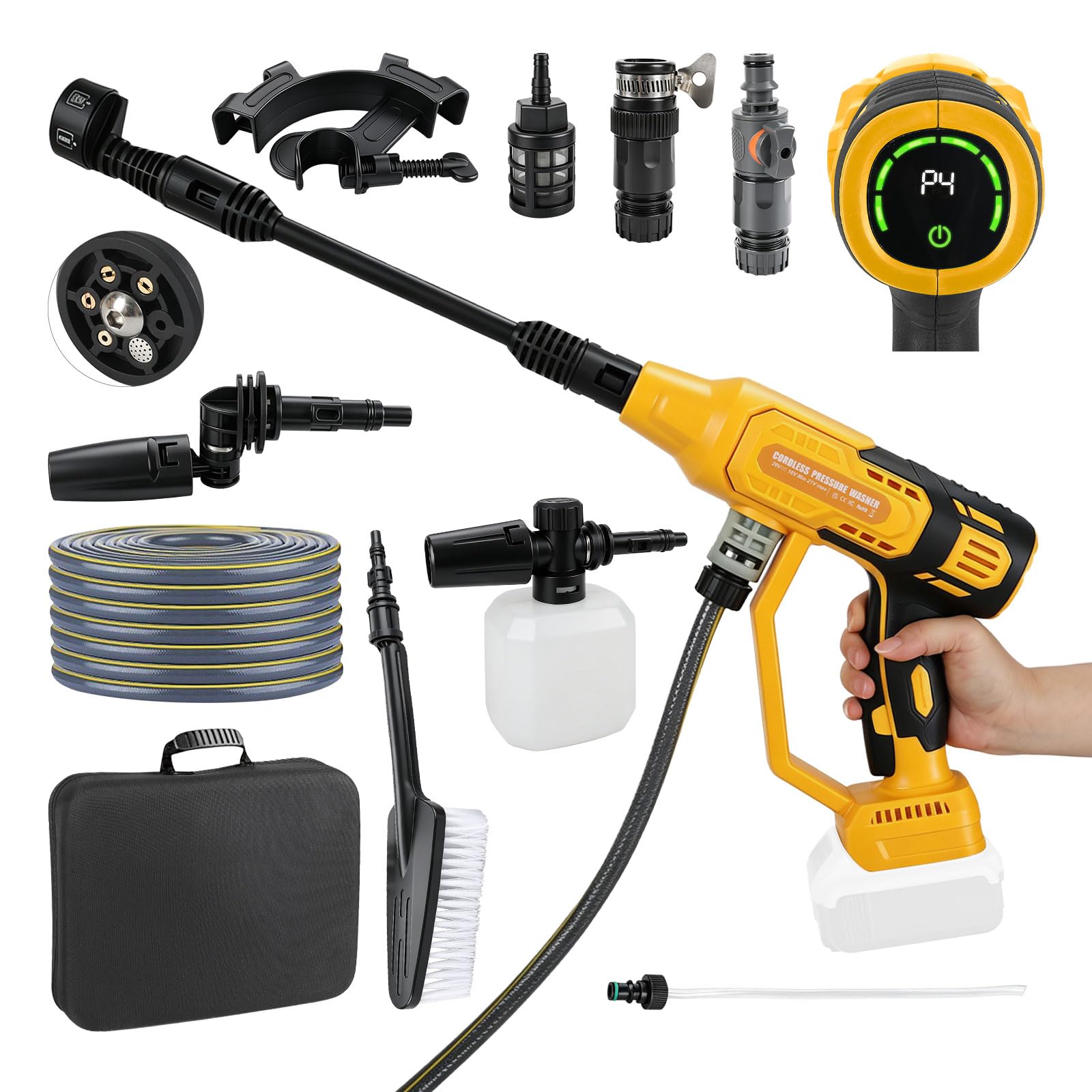 Nettoyeur haute pression sans fil compatible avec Dewalt 20 V, 20 000 tr/min, 986 psi, nettoyeur de voiture portable sans balais avec buse 6 en 1, 4 niveaux de vitesse pour nettoyer les sols de